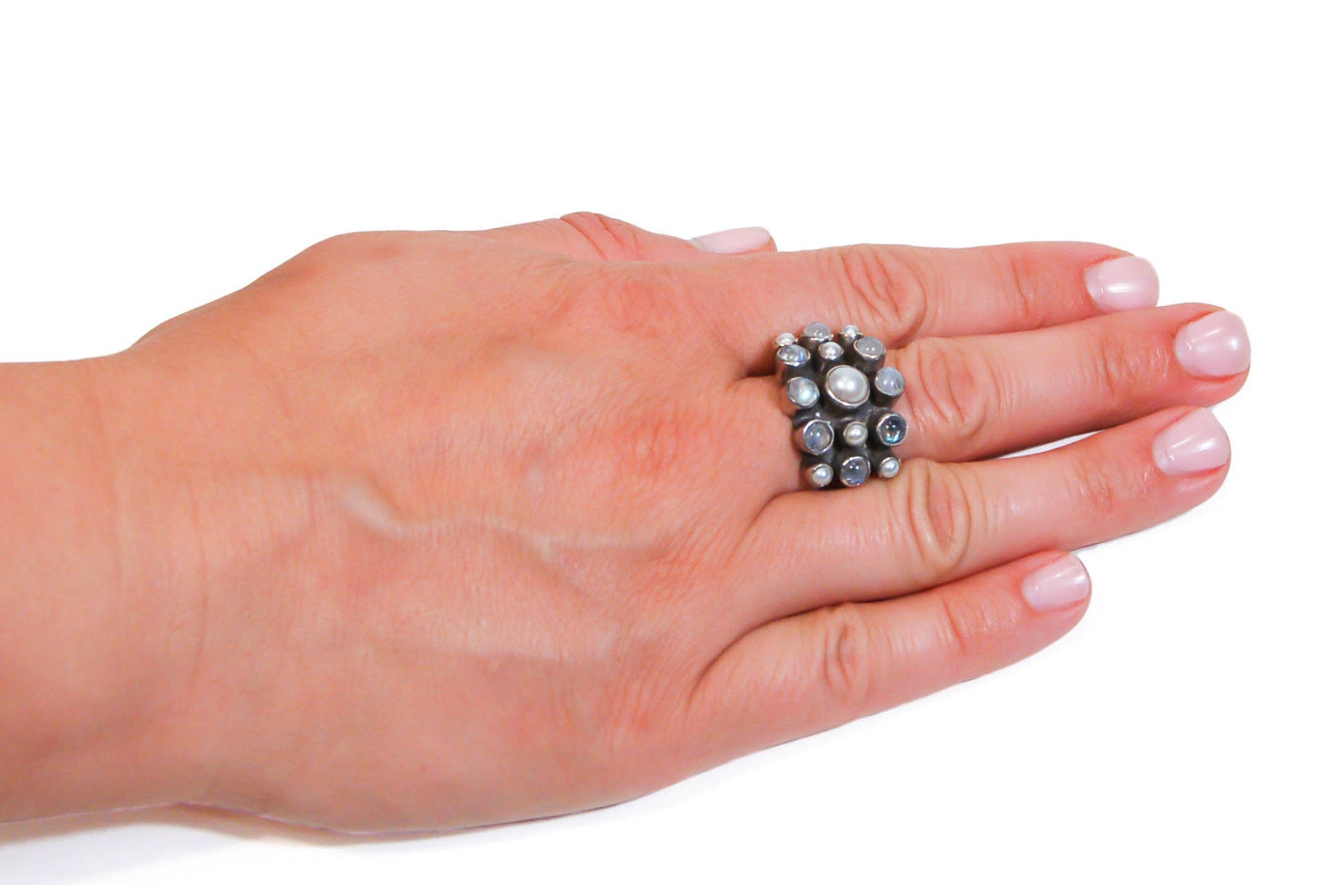 Moonstone and Pearl Statement Ring, Nicky Butler, Wide Band, Snake Eyes, Sterling Silver, Designer Jewelry, Size 10 by Nicky Butler - Vintage Meet Modern Vintage Jewelry - Chicago, Illinois - #oldhollywoodglamour #vintagemeetmodern #designervintage #jewelrybox #antiquejewelry #vintagejewelry