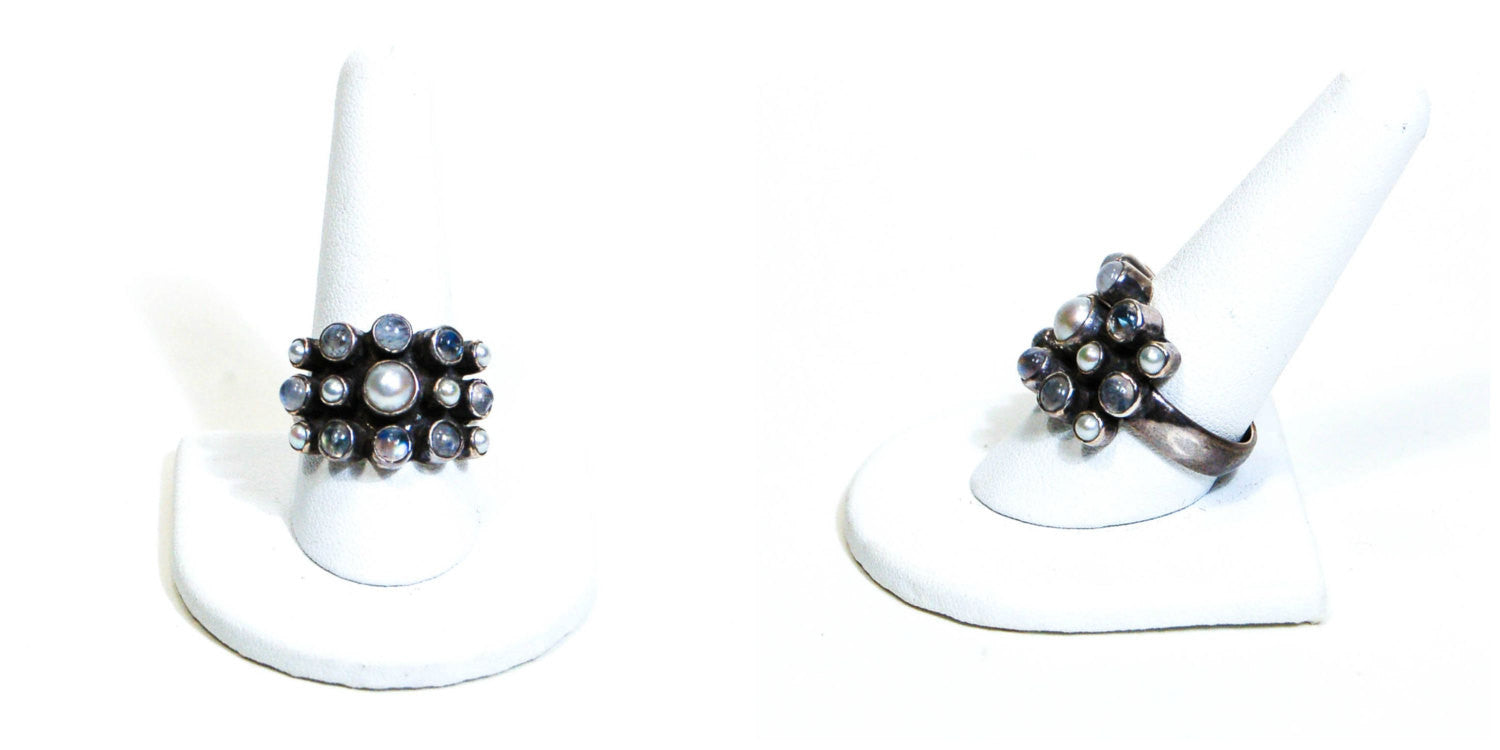 Moonstone and Pearl Statement Ring, Nicky Butler, Wide Band, Snake Eyes, Sterling Silver, Designer Jewelry, Size 10 by Nicky Butler - Vintage Meet Modern Vintage Jewelry - Chicago, Illinois - #oldhollywoodglamour #vintagemeetmodern #designervintage #jewelrybox #antiquejewelry #vintagejewelry