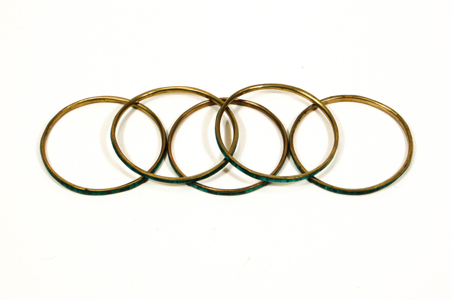 Set of 5 1970's Emerald Green Brass Bangles by 1970's - Vintage Meet Modern Vintage Jewelry - Chicago, Illinois - #oldhollywoodglamour #vintagemeetmodern #designervintage #jewelrybox #antiquejewelry #vintagejewelry