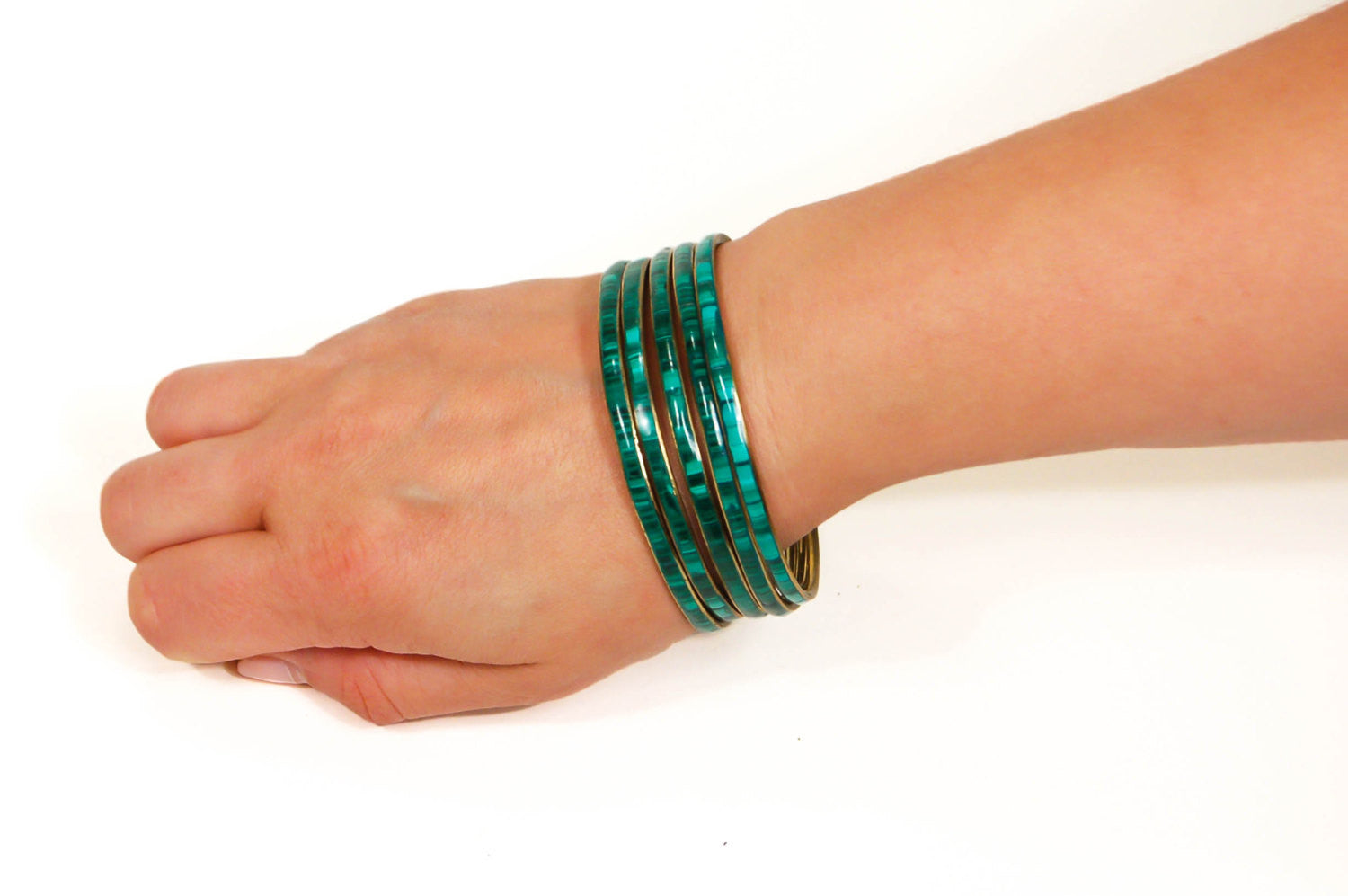 Set of 5 1970's Emerald Green Brass Bangles by 1970's - Vintage Meet Modern Vintage Jewelry - Chicago, Illinois - #oldhollywoodglamour #vintagemeetmodern #designervintage #jewelrybox #antiquejewelry #vintagejewelry