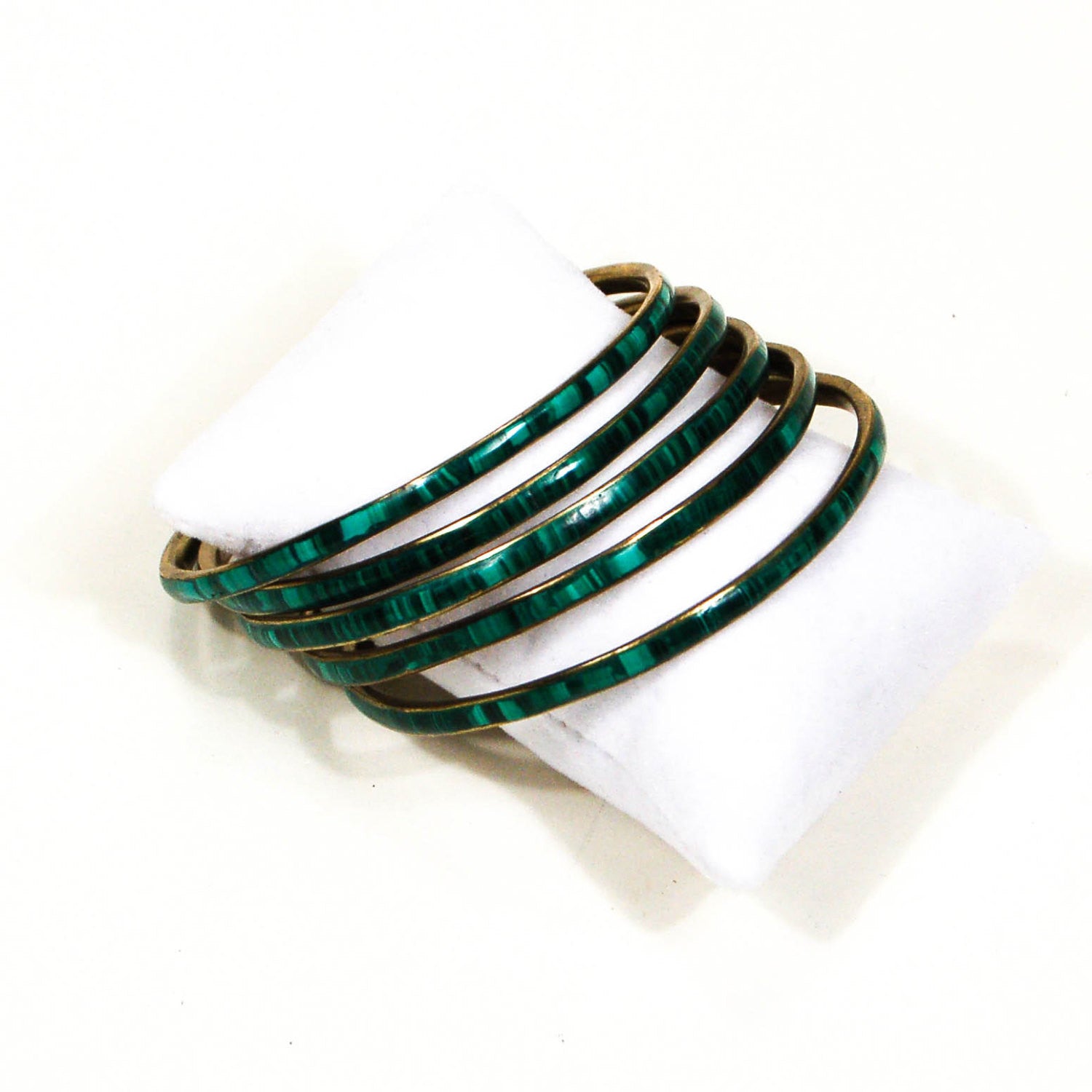 Set of 5 1970's Emerald Green Brass Bangles by 1970's - Vintage Meet Modern Vintage Jewelry - Chicago, Illinois - #oldhollywoodglamour #vintagemeetmodern #designervintage #jewelrybox #antiquejewelry #vintagejewelry