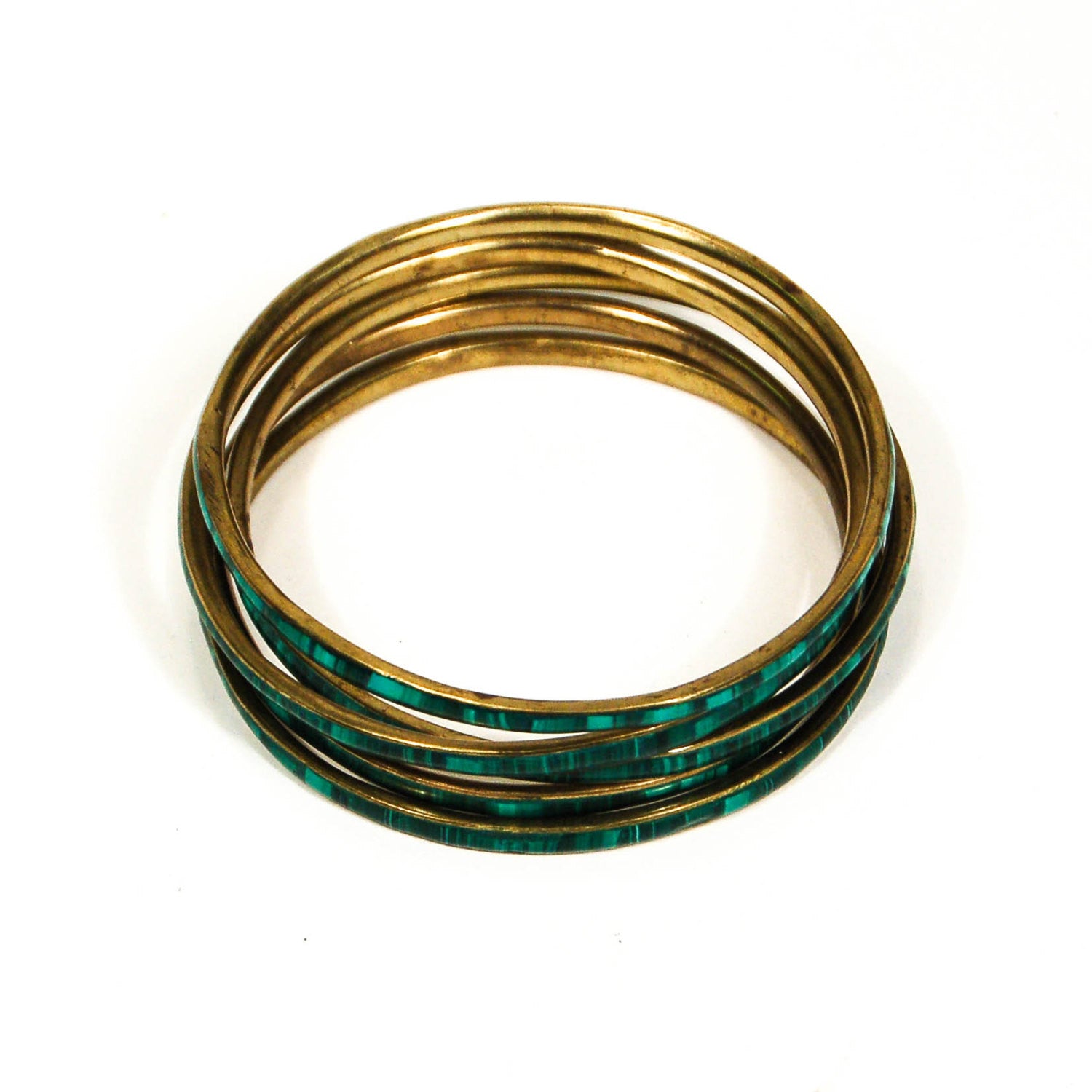 Set of 5 1970's Emerald Green Brass Bangles by 1970's - Vintage Meet Modern Vintage Jewelry - Chicago, Illinois - #oldhollywoodglamour #vintagemeetmodern #designervintage #jewelrybox #antiquejewelry #vintagejewelry