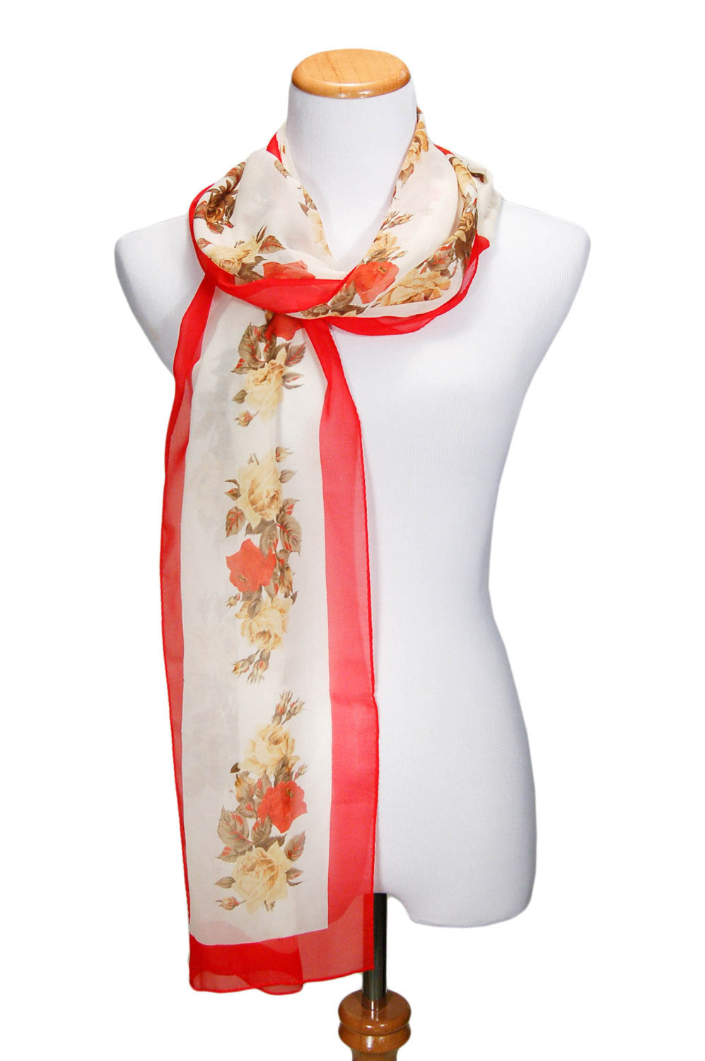 Cream Silk Scarf with Red Roses by Perry Ellis by Perry Ellis - Vintage Meet Modern Vintage Jewelry - Chicago, Illinois - #oldhollywoodglamour #vintagemeetmodern #designervintage #jewelrybox #antiquejewelry #vintagejewelry