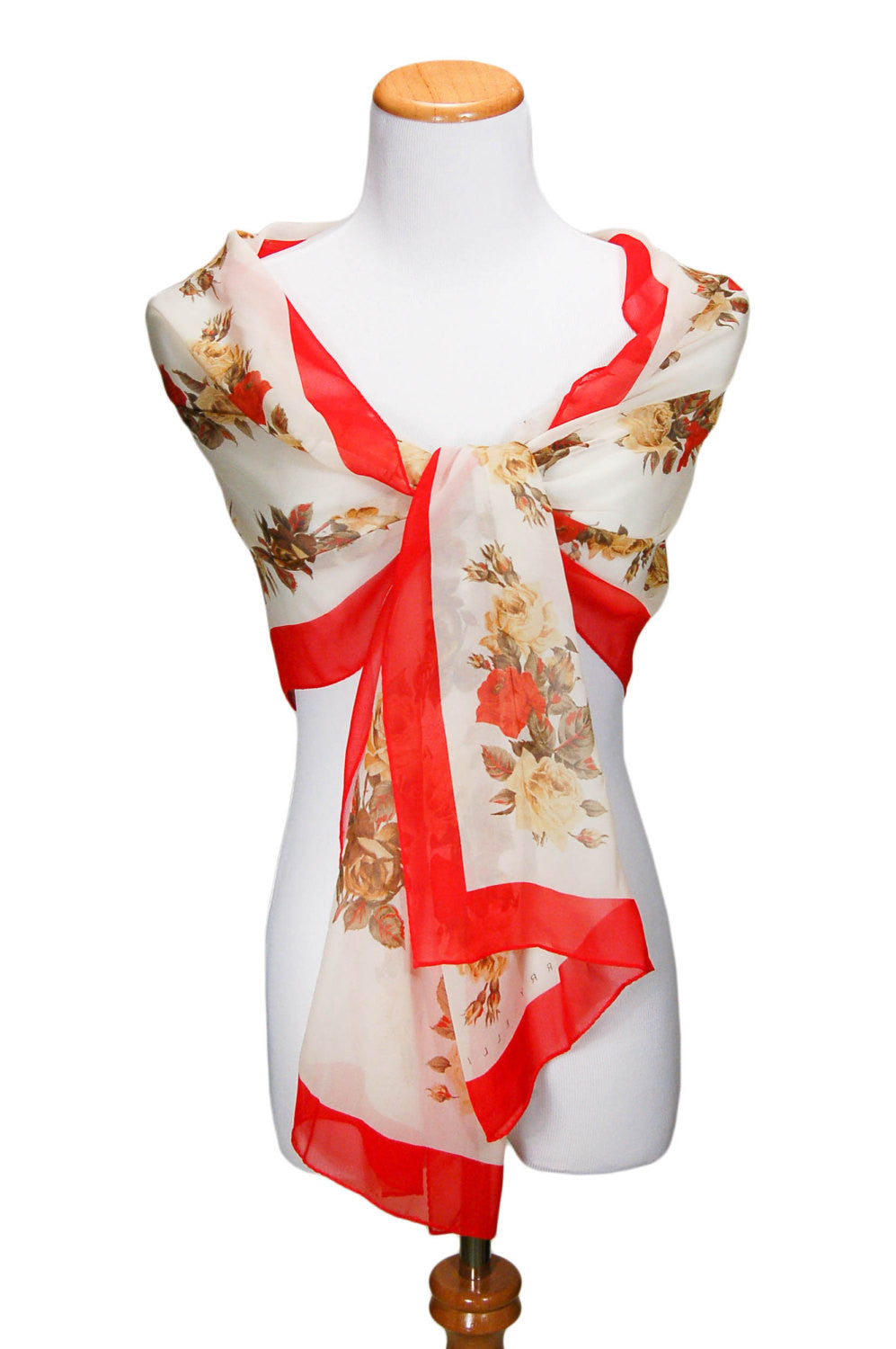 Cream Silk Scarf with Red Roses by Perry Ellis by Perry Ellis - Vintage Meet Modern Vintage Jewelry - Chicago, Illinois - #oldhollywoodglamour #vintagemeetmodern #designervintage #jewelrybox #antiquejewelry #vintagejewelry