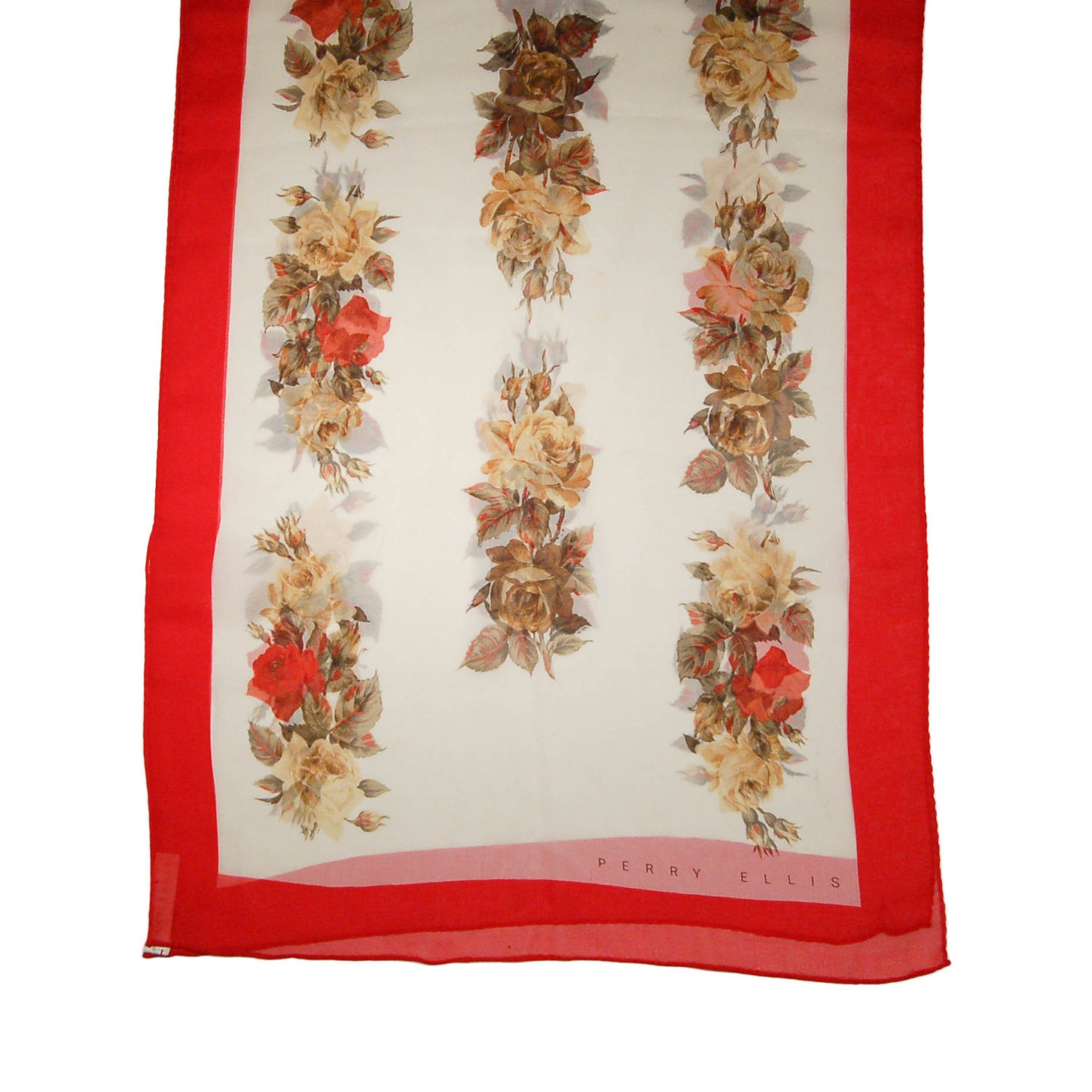 Cream Silk Scarf with Red Roses by Perry Ellis by Perry Ellis - Vintage Meet Modern Vintage Jewelry - Chicago, Illinois - #oldhollywoodglamour #vintagemeetmodern #designervintage #jewelrybox #antiquejewelry #vintagejewelry