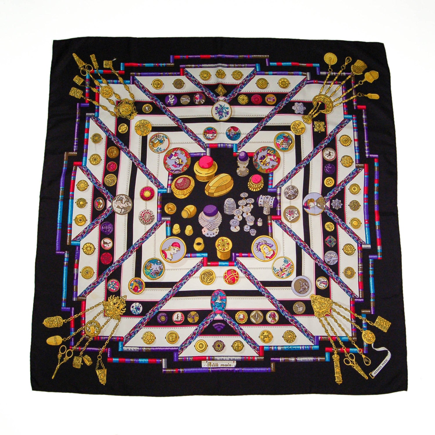 Colorful Perfume Bottle Patterned Silk Scarf by Hermes by Hermes - Vintage Meet Modern Vintage Jewelry - Chicago, Illinois - #oldhollywoodglamour #vintagemeetmodern #designervintage #jewelrybox #antiquejewelry #vintagejewelry