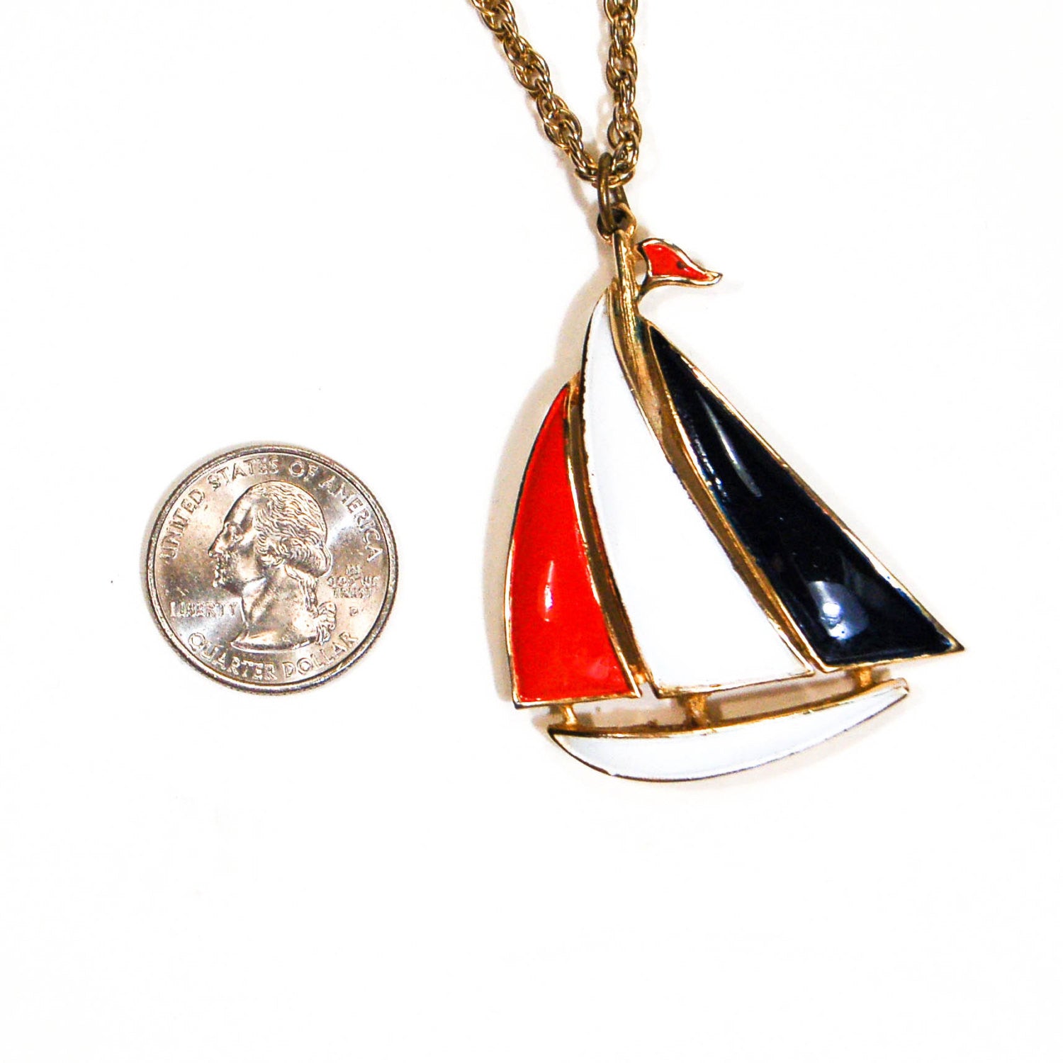 1970's Red, White, and Blue Sailboat Necklace by 1970's - Vintage Meet Modern Vintage Jewelry - Chicago, Illinois - #oldhollywoodglamour #vintagemeetmodern #designervintage #jewelrybox #antiquejewelry #vintagejewelry