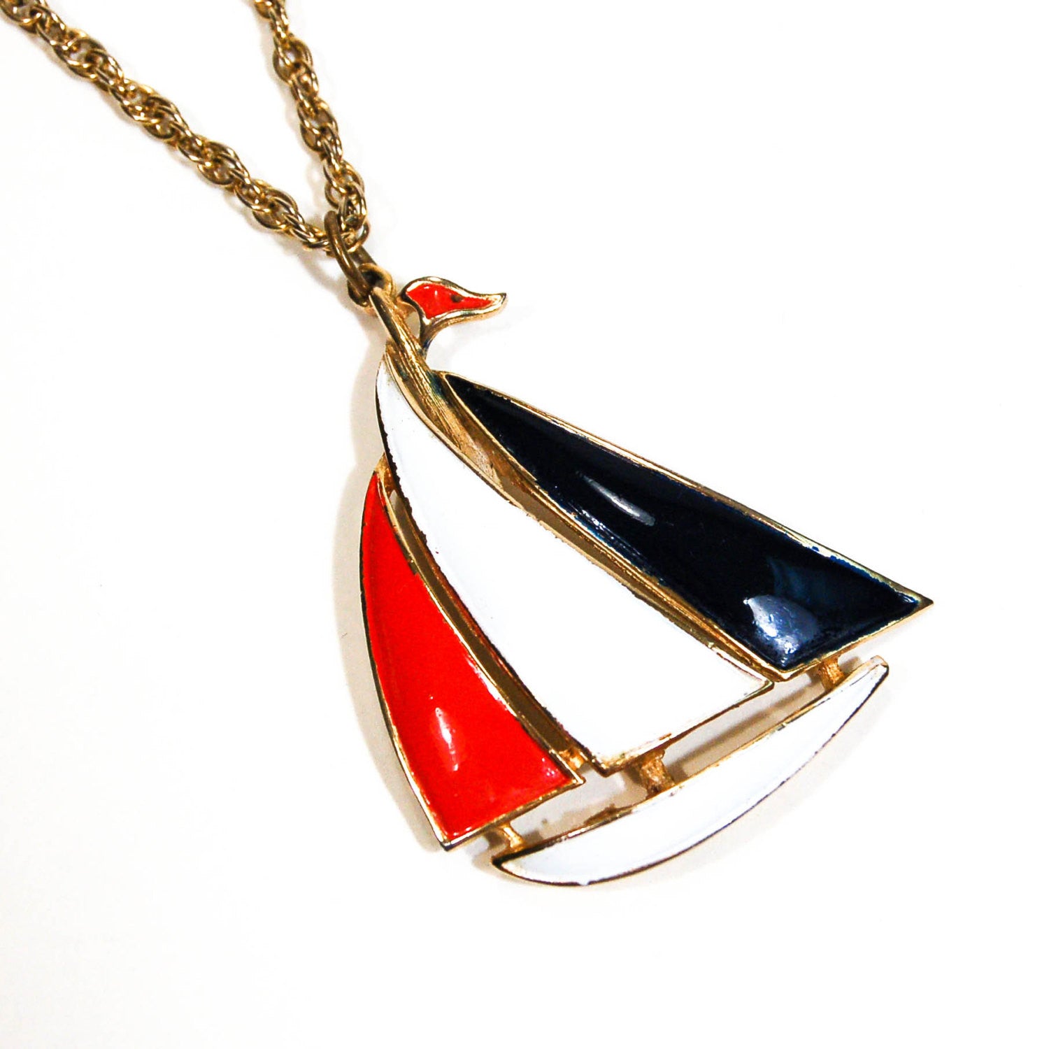 1970's Red, White, and Blue Sailboat Necklace by 1970's - Vintage Meet Modern Vintage Jewelry - Chicago, Illinois - #oldhollywoodglamour #vintagemeetmodern #designervintage #jewelrybox #antiquejewelry #vintagejewelry