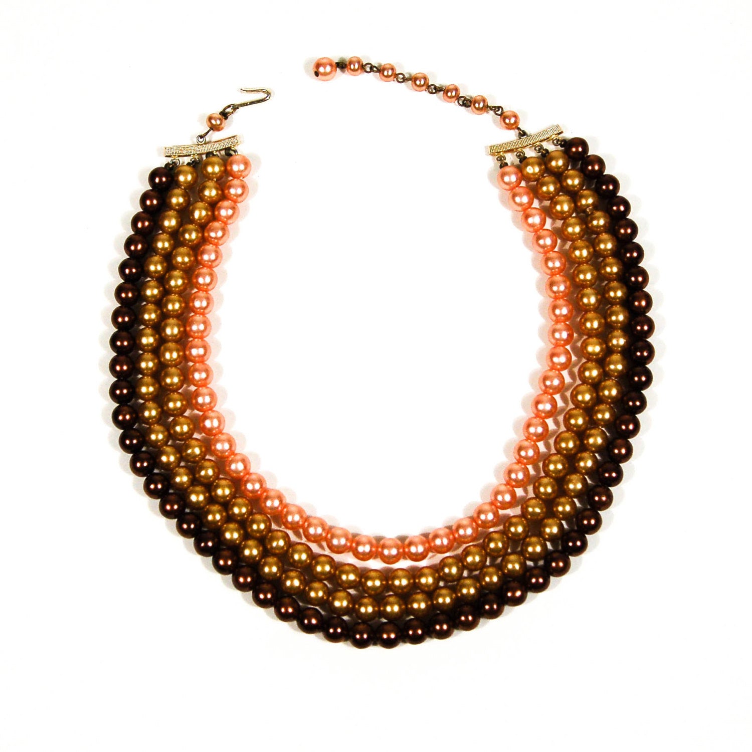 Gold, Bronze, and Chocolate Brown Multi Strand Pearl Necklace by Made in Japan - Vintage Meet Modern Vintage Jewelry - Chicago, Illinois - #oldhollywoodglamour #vintagemeetmodern #designervintage #jewelrybox #antiquejewelry #vintagejewelry