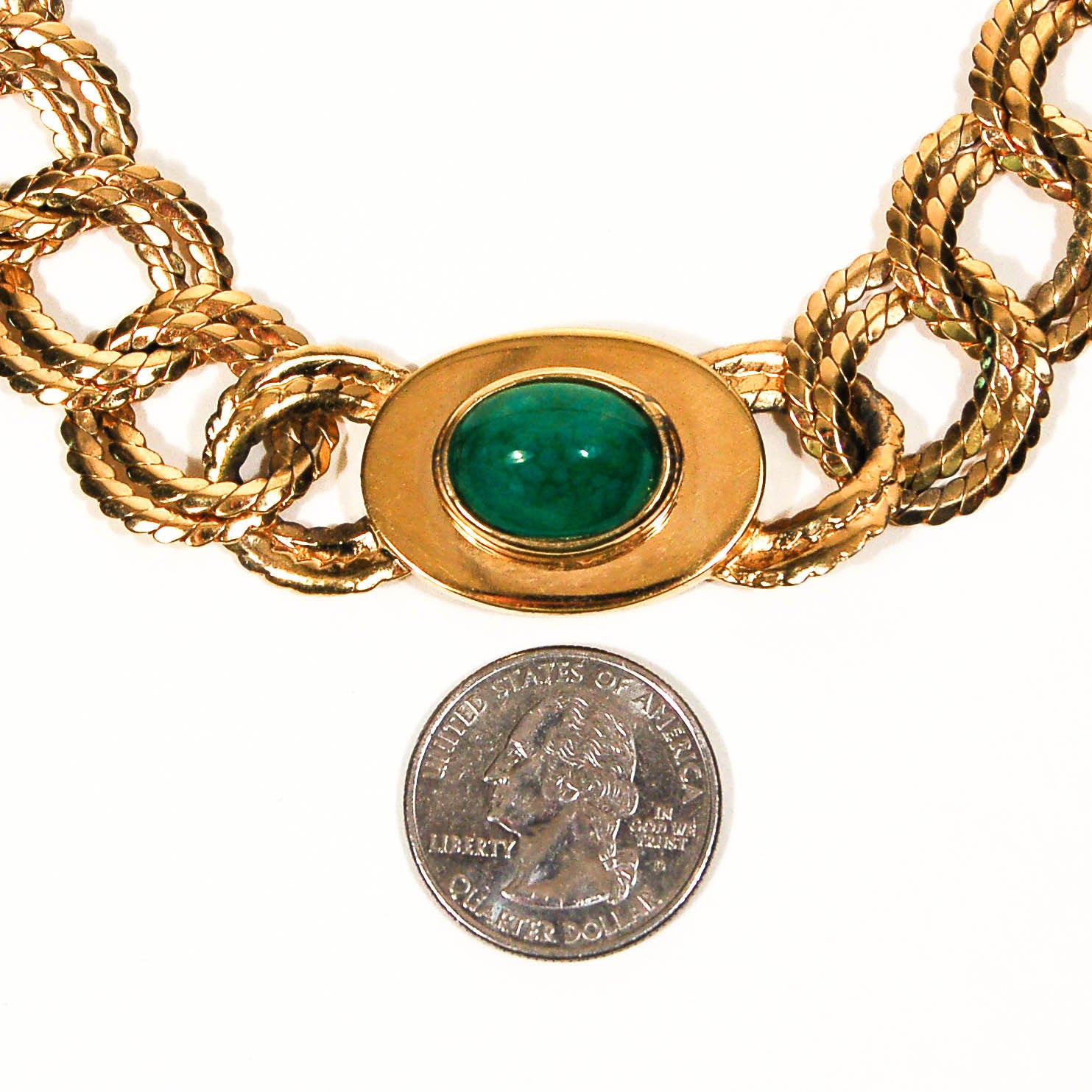 Vintage Ciner Classic Gold Chain Necklace with Faux Jade Accent by Ciner - Vintage Meet Modern Vintage Jewelry - Chicago, Illinois - #oldhollywoodglamour #vintagemeetmodern #designervintage #jewelrybox #antiquejewelry #vintagejewelry