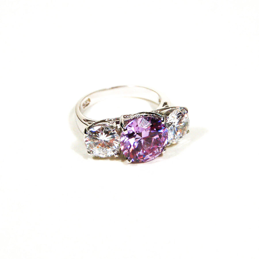 Cubic Zirconia and Amethyst Three Stone Statement Ring by 1980s - Vintage Meet Modern Vintage Jewelry - Chicago, Illinois - #oldhollywoodglamour #vintagemeetmodern #designervintage #jewelrybox #antiquejewelry #vintagejewelry