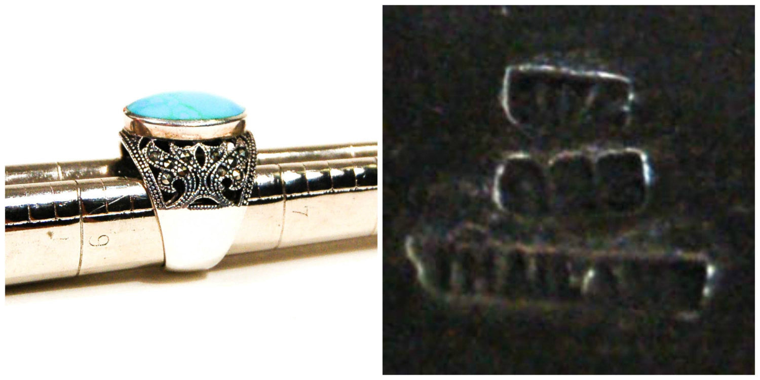 Turquoise and Marcasite Statement Ring, Sterling Silver, Filigree Brand, Designer Jewelry, Size 8 by 1980s - Vintage Meet Modern Vintage Jewelry - Chicago, Illinois - #oldhollywoodglamour #vintagemeetmodern #designervintage #jewelrybox #antiquejewelry #vintagejewelry