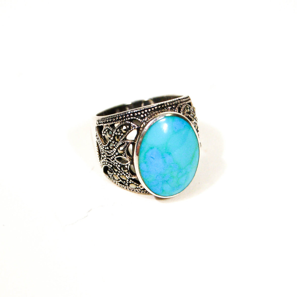Turquoise and Marcasite Statement Ring, Sterling Silver, Filigree Brand, Designer Jewelry, Size 8