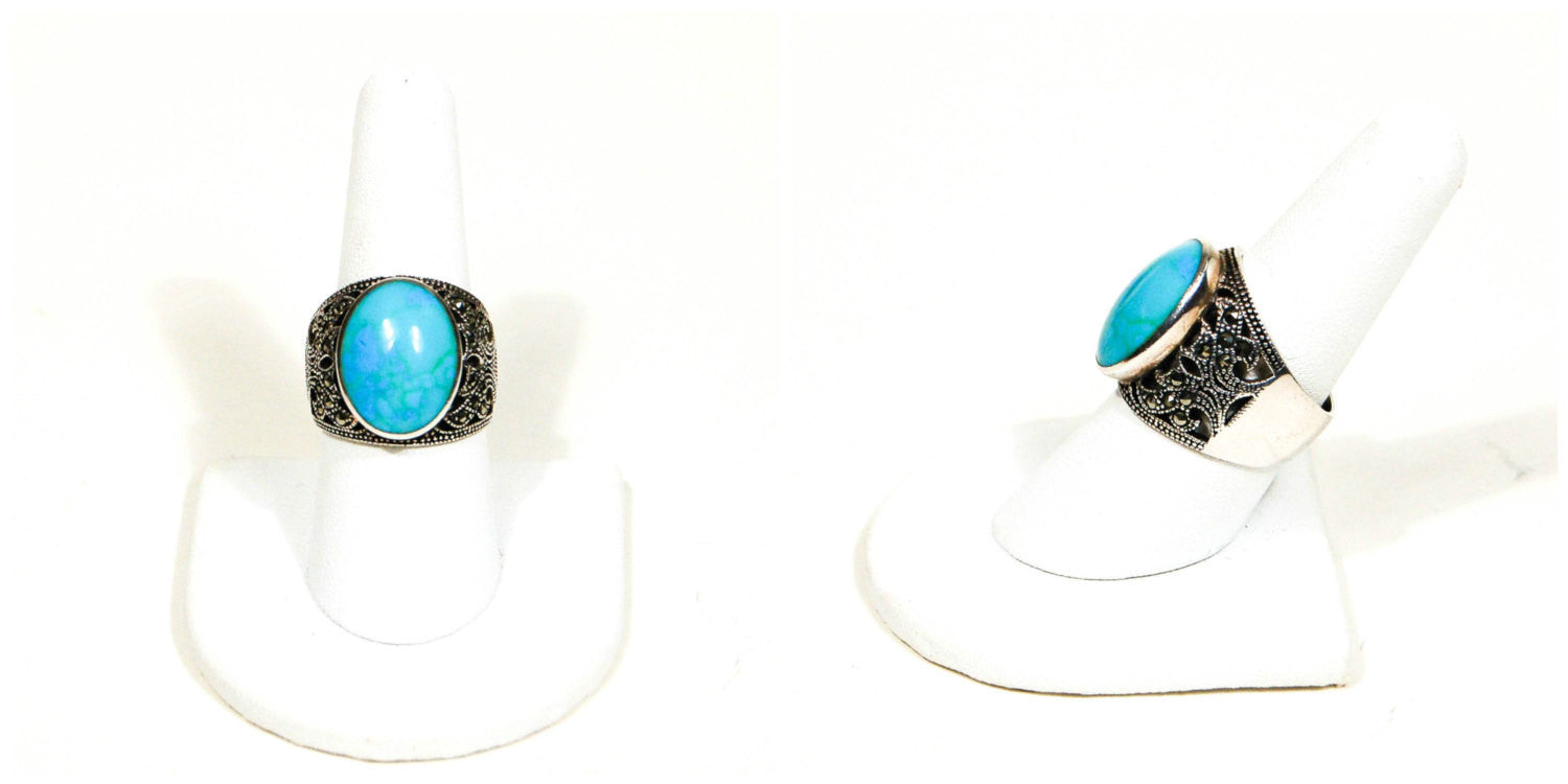 Turquoise and Marcasite Statement Ring, Sterling Silver, Filigree Brand, Designer Jewelry, Size 8 by 1980s - Vintage Meet Modern Vintage Jewelry - Chicago, Illinois - #oldhollywoodglamour #vintagemeetmodern #designervintage #jewelrybox #antiquejewelry #vintagejewelry