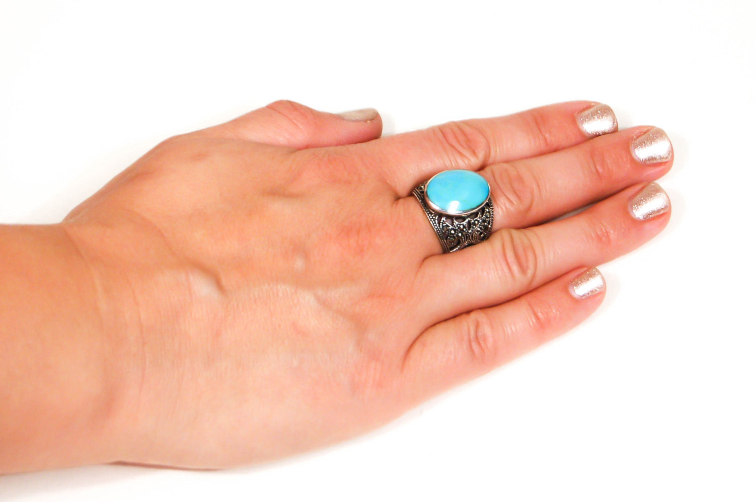 Turquoise and Marcasite Statement Ring, Sterling Silver, Filigree Brand, Designer Jewelry, Size 8 by 1980s - Vintage Meet Modern Vintage Jewelry - Chicago, Illinois - #oldhollywoodglamour #vintagemeetmodern #designervintage #jewelrybox #antiquejewelry #vintagejewelry