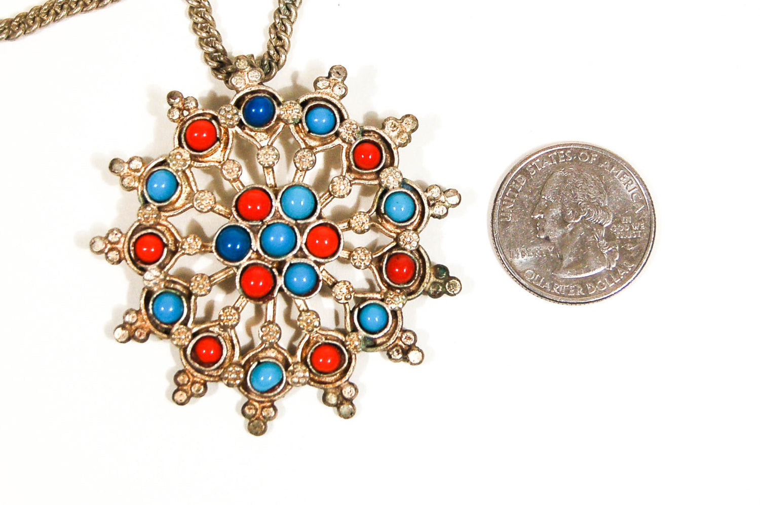 1970's Turquoise and Coral Sunburst Statement Necklace by 1970's - Vintage Meet Modern Vintage Jewelry - Chicago, Illinois - #oldhollywoodglamour #vintagemeetmodern #designervintage #jewelrybox #antiquejewelry #vintagejewelry
