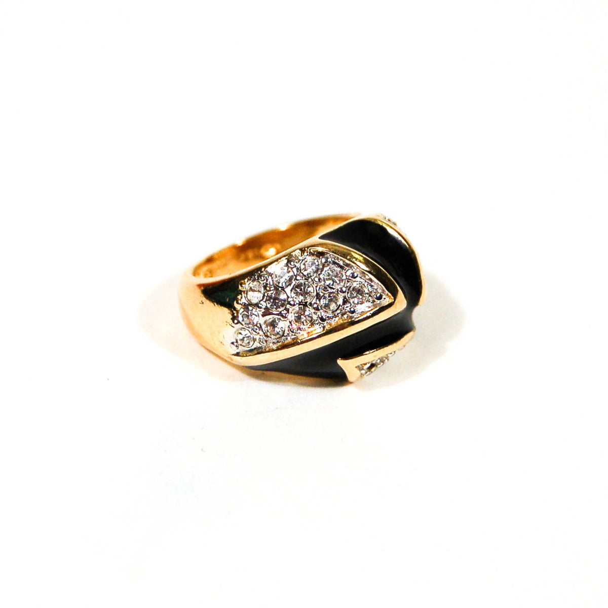Black, Gold, Pave Rhinestone, Statement Ring, Dome, 18kt Gold Vermeil, Designer Jewelry, Size 6