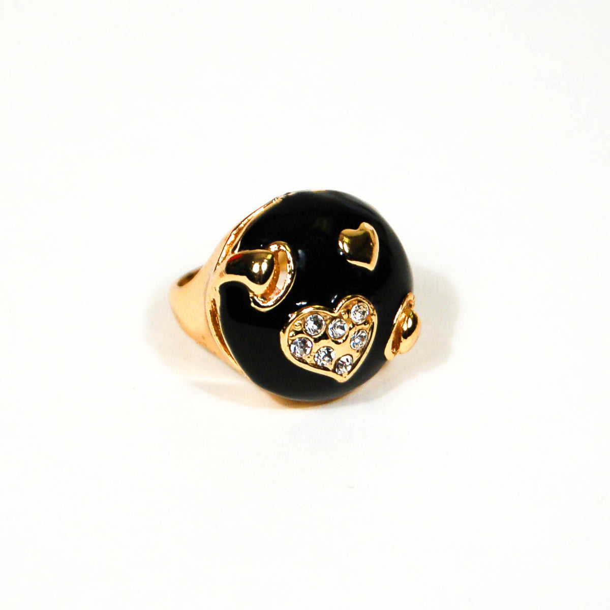 1980's Black and Gold Statement Ring with Rhinestone Hearts
