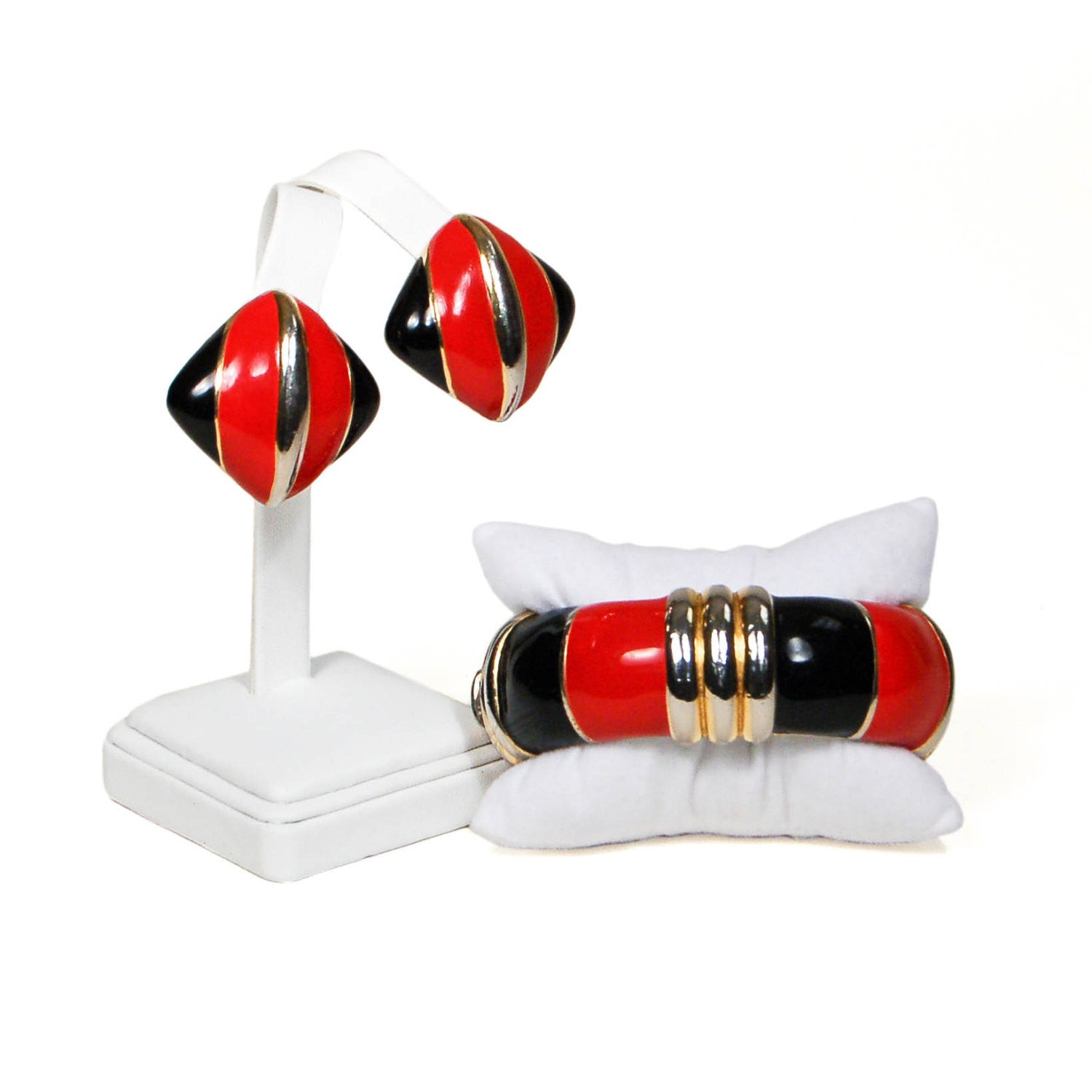 Red, Black, and Gold Bracelet and Earrings Set by Ciner by Ciner - Vintage Meet Modern Vintage Jewelry - Chicago, Illinois - #oldhollywoodglamour #vintagemeetmodern #designervintage #jewelrybox #antiquejewelry #vintagejewelry