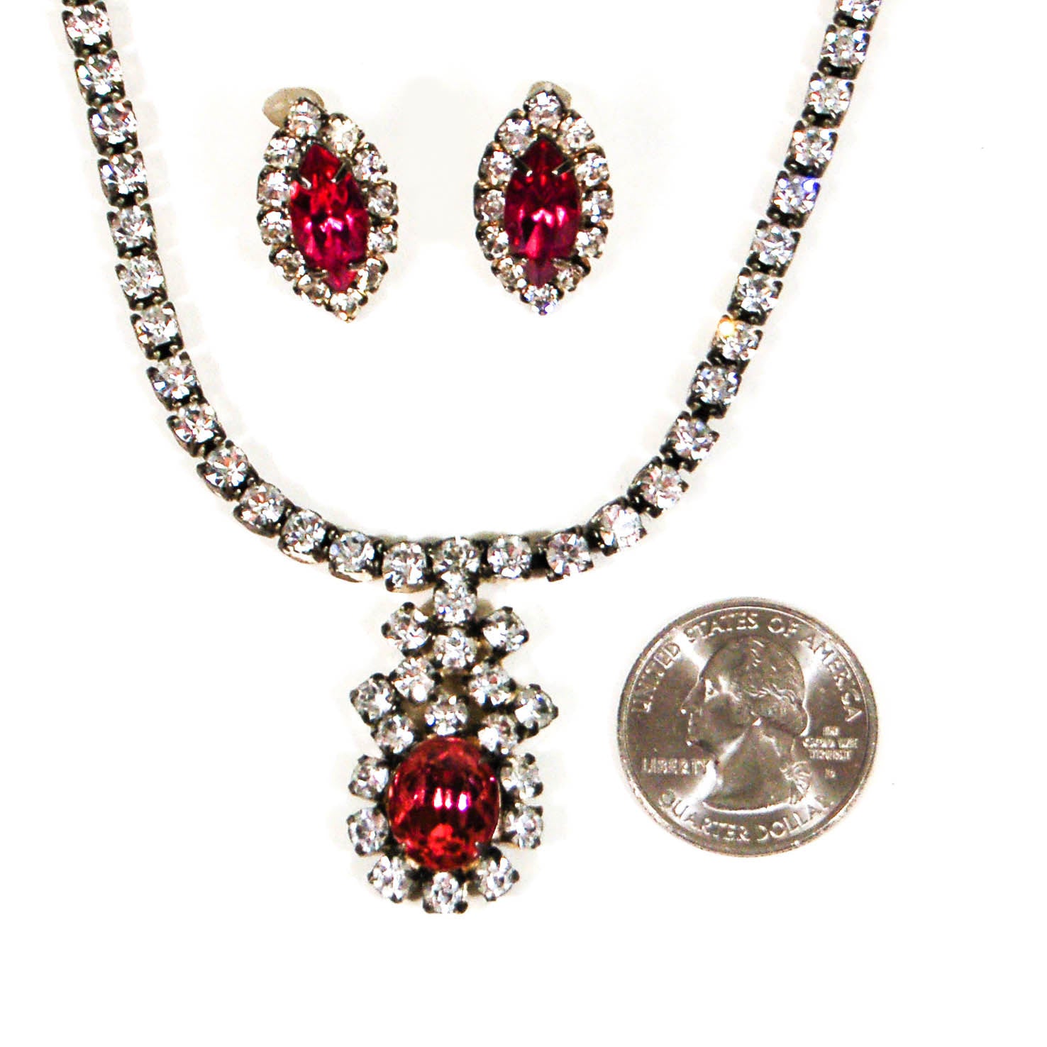 1940's Pink Rhinestone Necklace and Earrings Set by 1940's - Vintage Meet Modern Vintage Jewelry - Chicago, Illinois - #oldhollywoodglamour #vintagemeetmodern #designervintage #jewelrybox #antiquejewelry #vintagejewelry