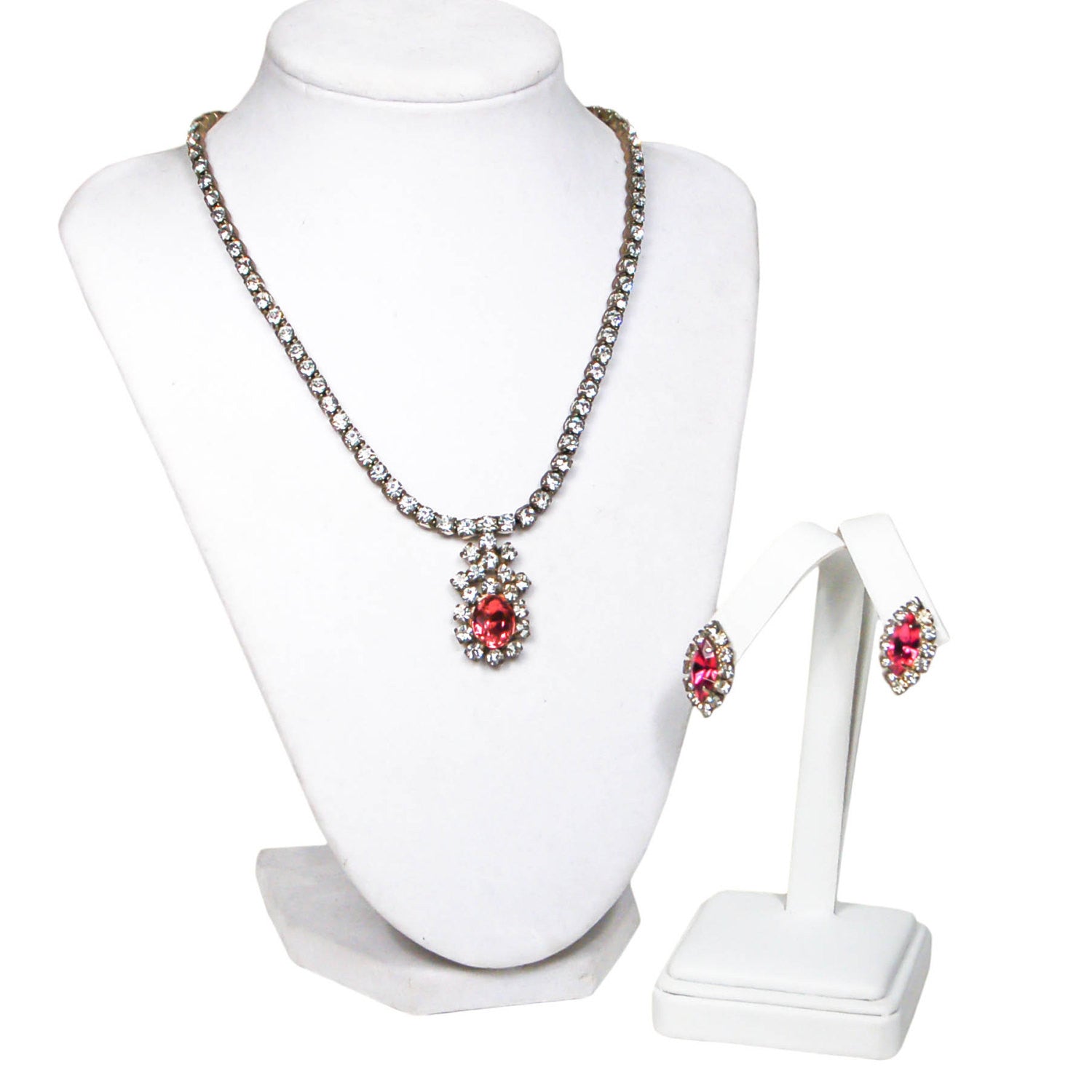 1940's Pink Rhinestone Necklace and Earrings Set by 1940's - Vintage Meet Modern Vintage Jewelry - Chicago, Illinois - #oldhollywoodglamour #vintagemeetmodern #designervintage #jewelrybox #antiquejewelry #vintagejewelry