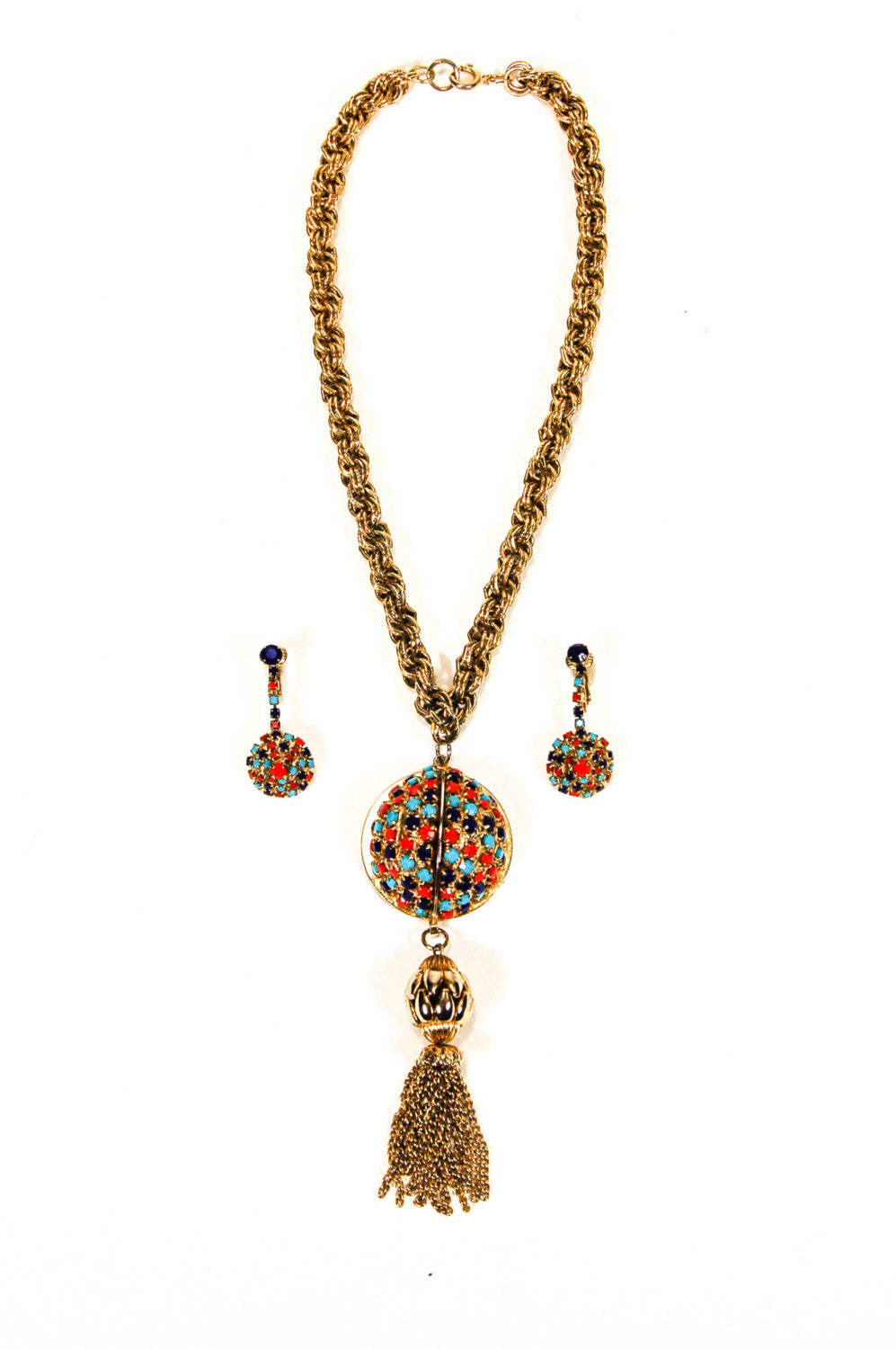 1960's Colorful Tassel Necklace with Matching Earrings by 1960s Vintage - Vintage Meet Modern Vintage Jewelry - Chicago, Illinois - #oldhollywoodglamour #vintagemeetmodern #designervintage #jewelrybox #antiquejewelry #vintagejewelry