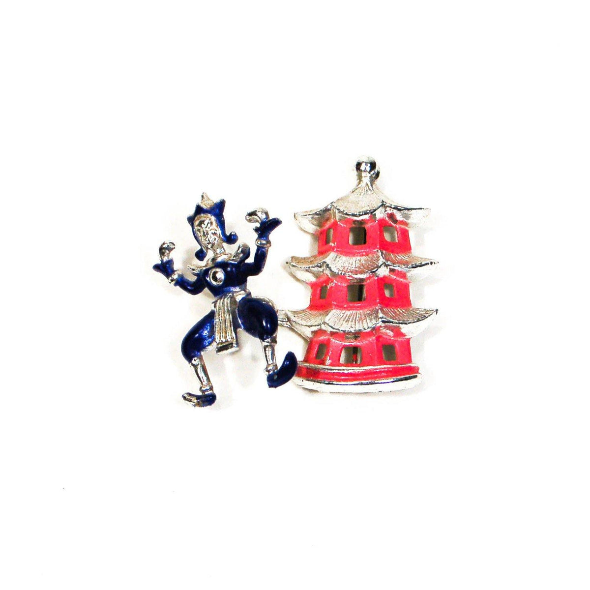 Asian Dancer, Pagoda Brooch, Enamel, Figural, Trembler, Vintage Jewelry