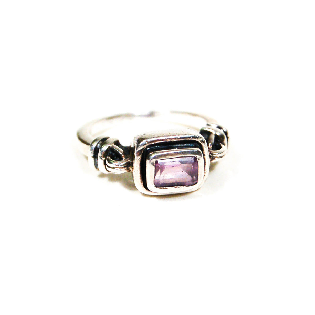 Amethyst Sterling Silver Ring, Bezel Set, Emerald Cut, Cable, Horse Bit Design Band, Size 8, Designer Vintage Jewelry