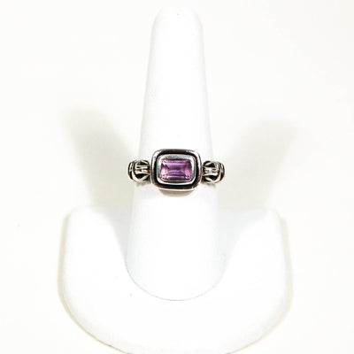Amethyst Sterling Silver Ring, Bezel Set, Emerald Cut, Cable, Horse Bit Design Band, Size 8, Designer Vintage Jewelry by 1980s - Vintage Meet Modern Vintage Jewelry - Chicago, Illinois - #oldhollywoodglamour #vintagemeetmodern #designervintage #jewelrybox #antiquejewelry #vintagejewelry