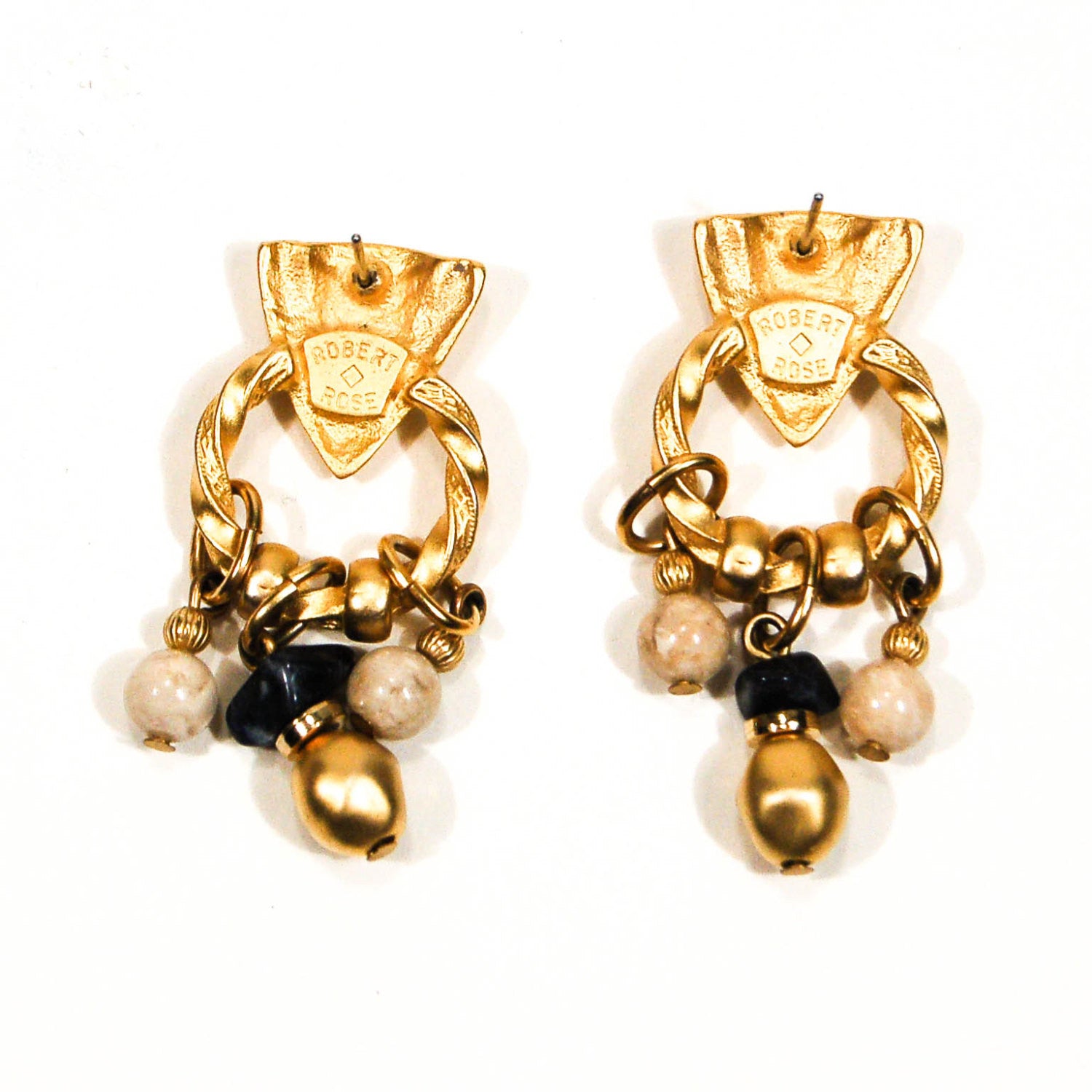 Robert Rose, Etruscan Earrings, Pierced, Dangling, Door Knocker, Marble, Blue Sapphire, Designer Jewelry by Robert Rose - Vintage Meet Modern Vintage Jewelry - Chicago, Illinois - #oldhollywoodglamour #vintagemeetmodern #designervintage #jewelrybox #antiquejewelry #vintagejewelry