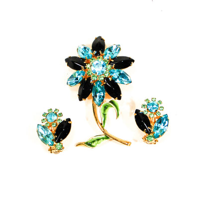 Blue, Black, Green Rhinestone Flower Brooch and Earrings Set by Unsigned Beauty - Vintage Meet Modern Vintage Jewelry - Chicago, Illinois - #oldhollywoodglamour #vintagemeetmodern #designervintage #jewelrybox #antiquejewelry #vintagejewelry