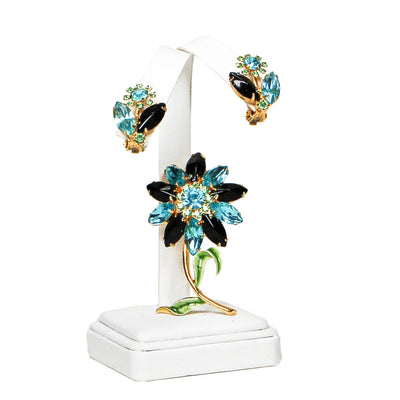 Blue, Black, Green Rhinestone Flower Brooch and Earrings Set by Unsigned Beauty - Vintage Meet Modern Vintage Jewelry - Chicago, Illinois - #oldhollywoodglamour #vintagemeetmodern #designervintage #jewelrybox #antiquejewelry #vintagejewelry