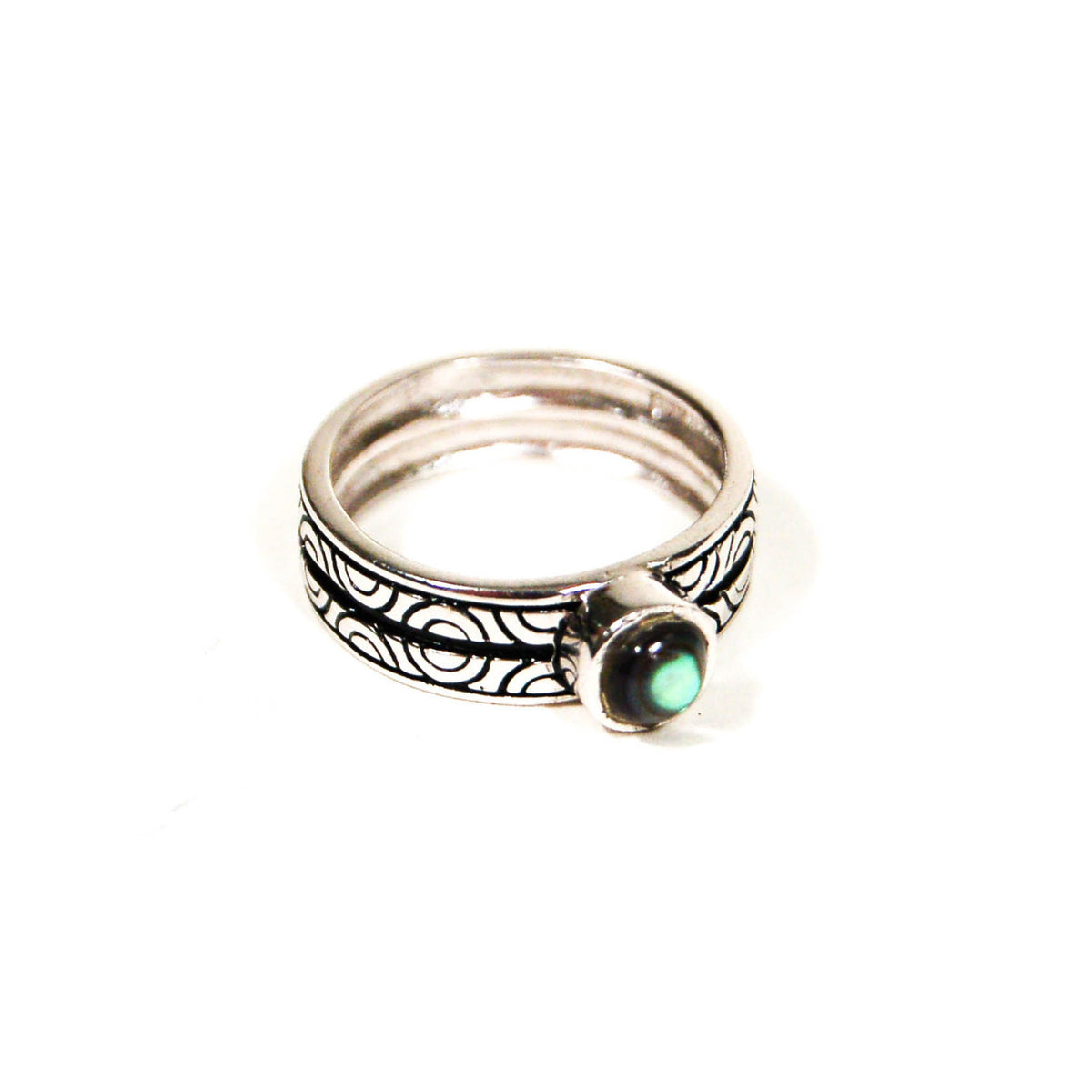 Etched Band and Abalone Cabochone Sterling Silver Ring