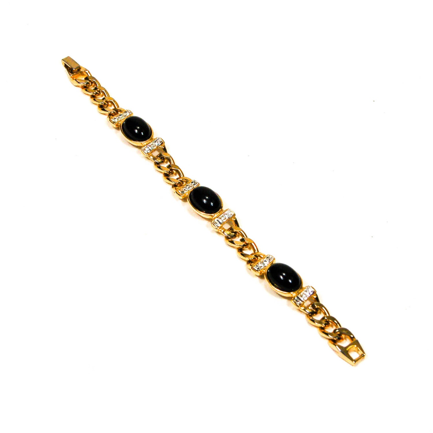 Joan Rivers Black Cabochon and Rhinestone Gold Chain Bracelet by Joan Rivers - Vintage Meet Modern Vintage Jewelry - Chicago, Illinois - #oldhollywoodglamour #vintagemeetmodern #designervintage #jewelrybox #antiquejewelry #vintagejewelry