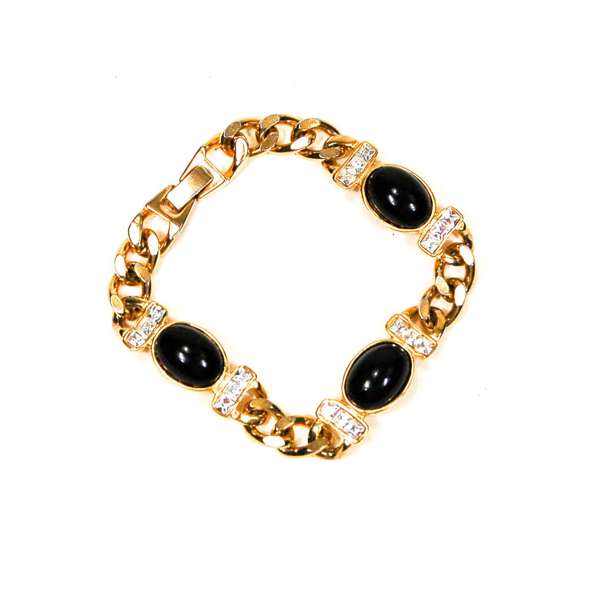 Joan Rivers Black Cabochon and Rhinestone Gold Chain Bracelet