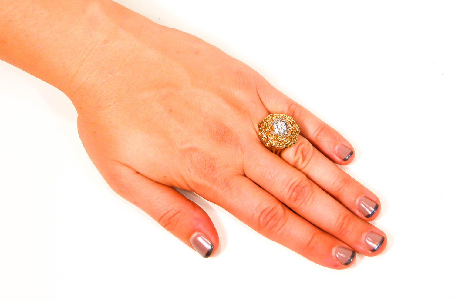 18kt Gold Vermeil CZ Rose Ring by 1980s - Vintage Meet Modern Vintage Jewelry - Chicago, Illinois - #oldhollywoodglamour #vintagemeetmodern #designervintage #jewelrybox #antiquejewelry #vintagejewelry