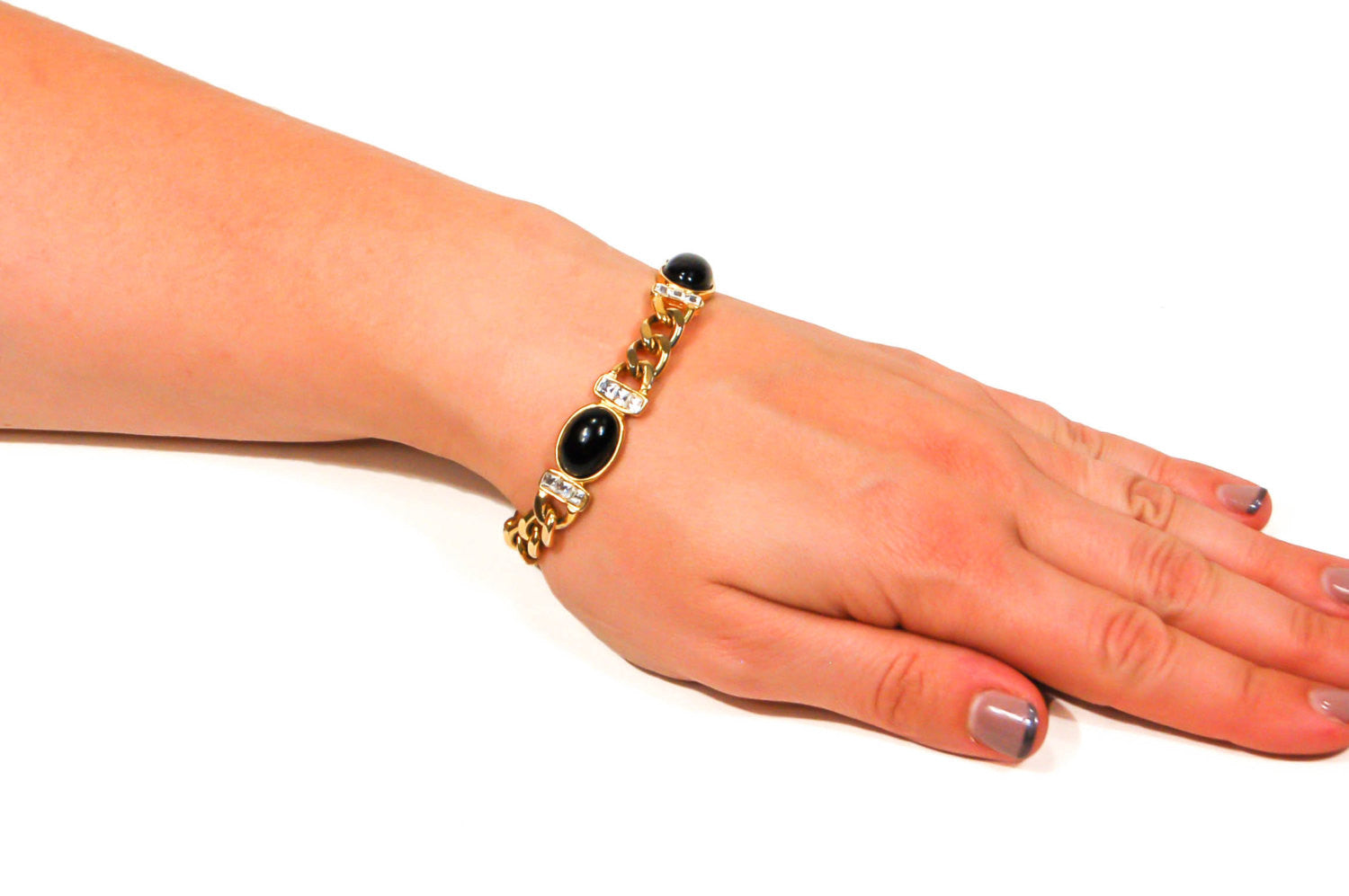 Joan Rivers Black Cabochon and Rhinestone Gold Chain Bracelet by Joan Rivers - Vintage Meet Modern Vintage Jewelry - Chicago, Illinois - #oldhollywoodglamour #vintagemeetmodern #designervintage #jewelrybox #antiquejewelry #vintagejewelry