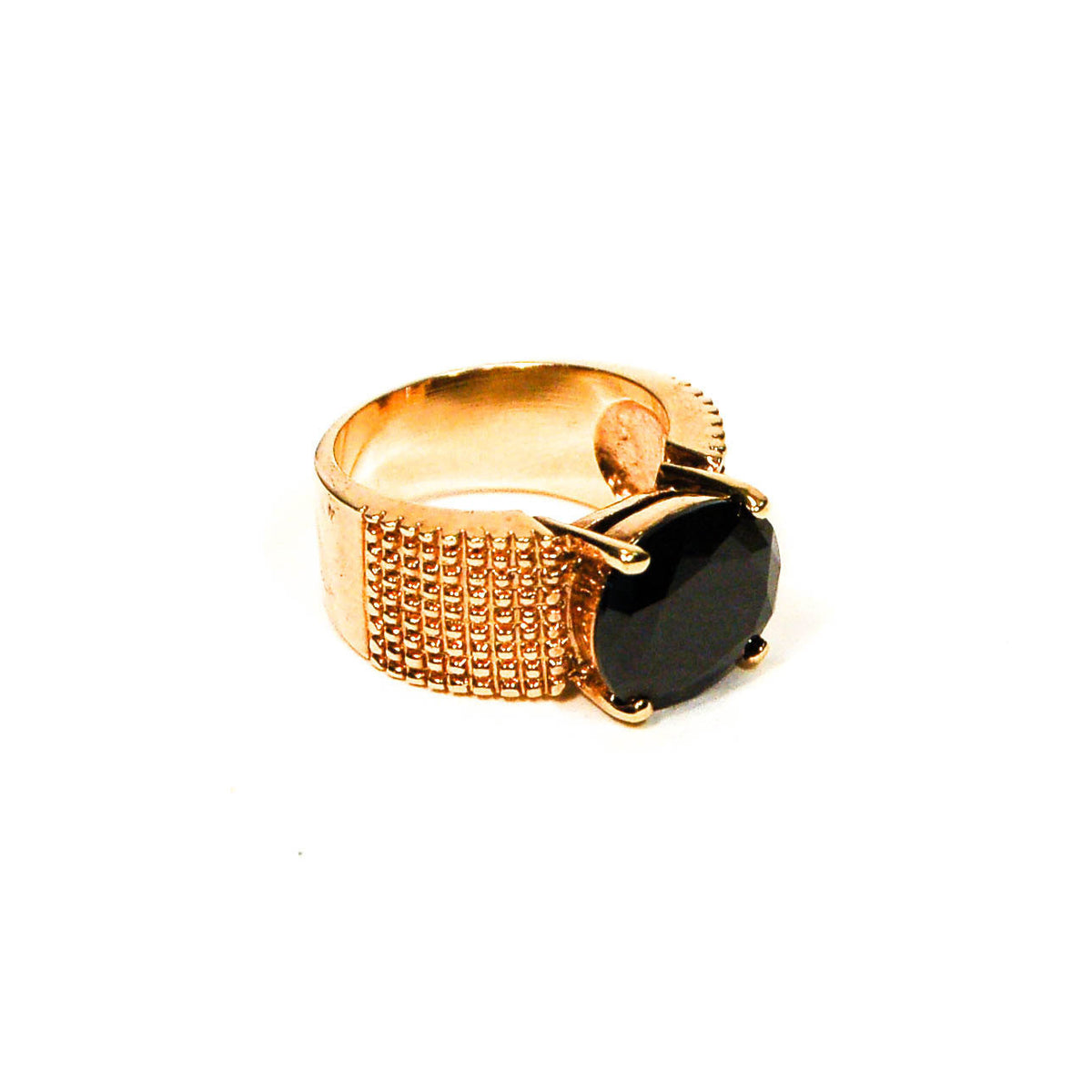 Black Jet Crystal, Gold Ring, 18kt Gold Vermeil, Wide Band, Granulated, Oval, Solitaire, Mod, Designer Vintage Jewelry, Size 9