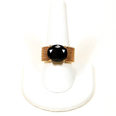 Black Jet Crystal, Gold Ring, 18kt Gold Vermeil, Wide Band, Granulated, Oval, Solitaire, Mod, Designer Vintage Jewelry, Size 9 by 1980s - Vintage Meet Modern Vintage Jewelry - Chicago, Illinois - #oldhollywoodglamour #vintagemeetmodern #designervintage #jewelrybox #antiquejewelry #vintagejewelry