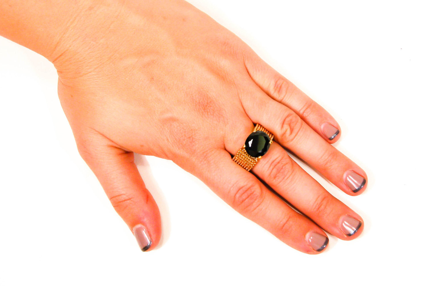 Black Jet Crystal, Gold Ring, 18kt Gold Vermeil, Wide Band, Granulated, Oval, Solitaire, Mod, Designer Vintage Jewelry, Size 9 by 1980s - Vintage Meet Modern Vintage Jewelry - Chicago, Illinois - #oldhollywoodglamour #vintagemeetmodern #designervintage #jewelrybox #antiquejewelry #vintagejewelry
