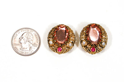 1950's Blush Pink Rhinestone and Filigree Gold Tone Earrings by 1950's - Vintage Meet Modern Vintage Jewelry - Chicago, Illinois - #oldhollywoodglamour #vintagemeetmodern #designervintage #jewelrybox #antiquejewelry #vintagejewelry
