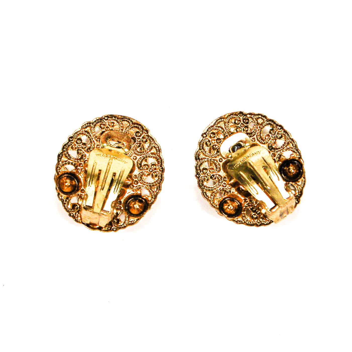 1950's Blush Pink Rhinestone and Filigree Gold Tone Earrings by 1950's - Vintage Meet Modern Vintage Jewelry - Chicago, Illinois - #oldhollywoodglamour #vintagemeetmodern #designervintage #jewelrybox #antiquejewelry #vintagejewelry