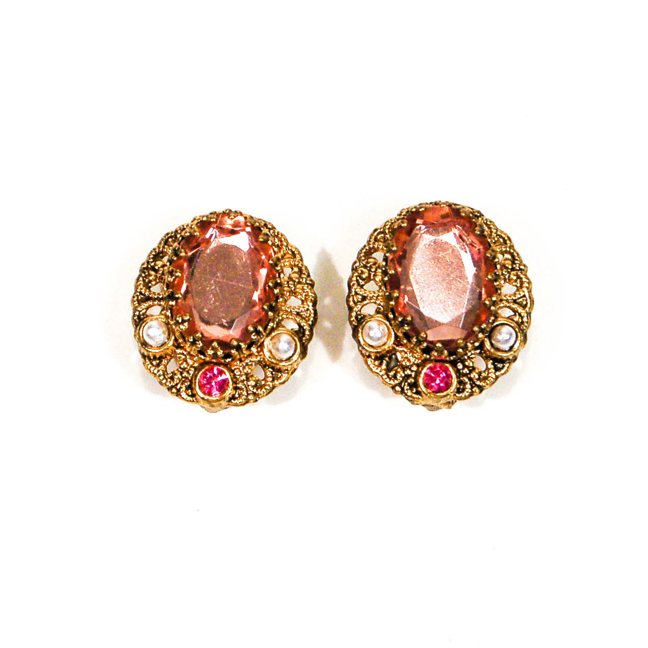 1950's Blush Pink Rhinestone and Filigree Gold Tone Earrings by 1950's - Vintage Meet Modern Vintage Jewelry - Chicago, Illinois - #oldhollywoodglamour #vintagemeetmodern #designervintage #jewelrybox #antiquejewelry #vintagejewelry