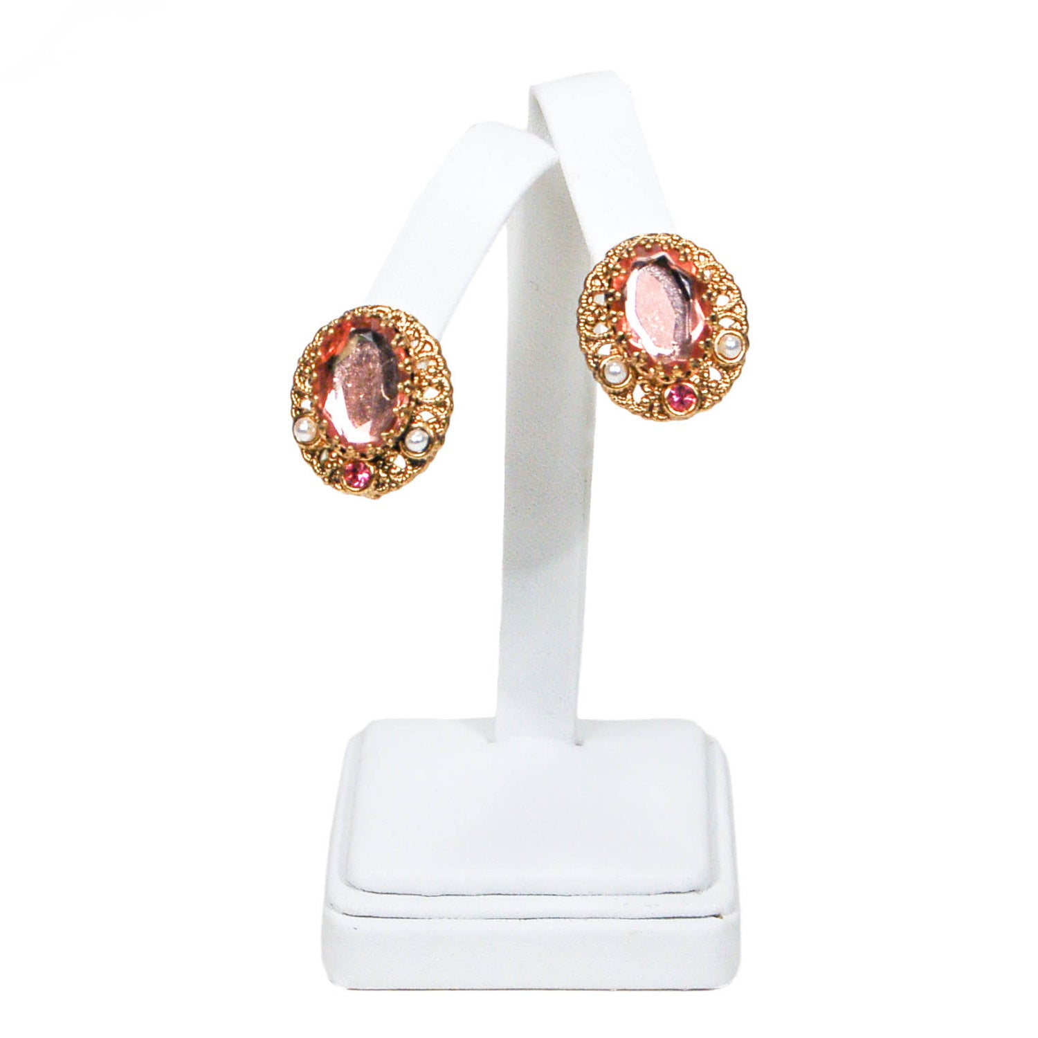 1950's Blush Pink Rhinestone and Filigree Gold Tone Earrings by 1950's - Vintage Meet Modern Vintage Jewelry - Chicago, Illinois - #oldhollywoodglamour #vintagemeetmodern #designervintage #jewelrybox #antiquejewelry #vintagejewelry