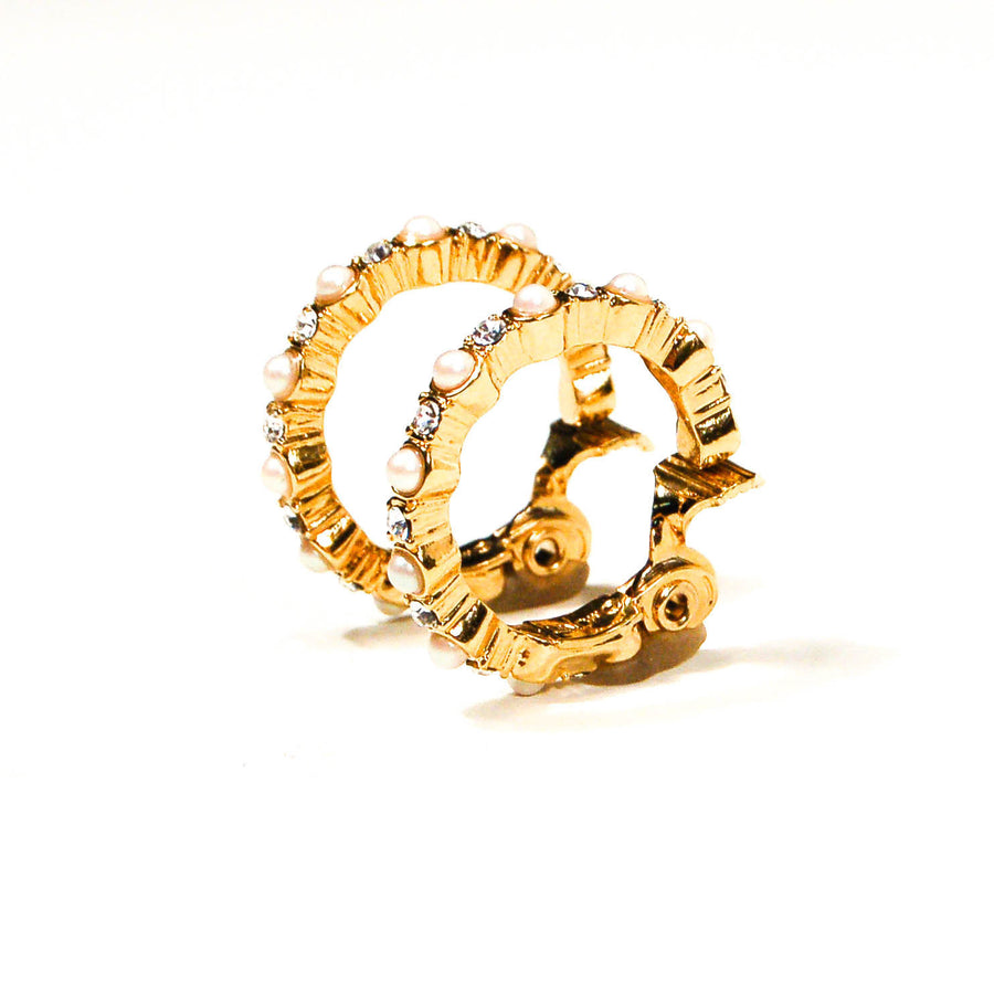 Gold Tone Pearl and Rhinestone Hoop Earrings by Monet by Monet - Vintage Meet Modern Vintage Jewelry - Chicago, Illinois - #oldhollywoodglamour #vintagemeetmodern #designervintage #jewelrybox #antiquejewelry #vintagejewelry