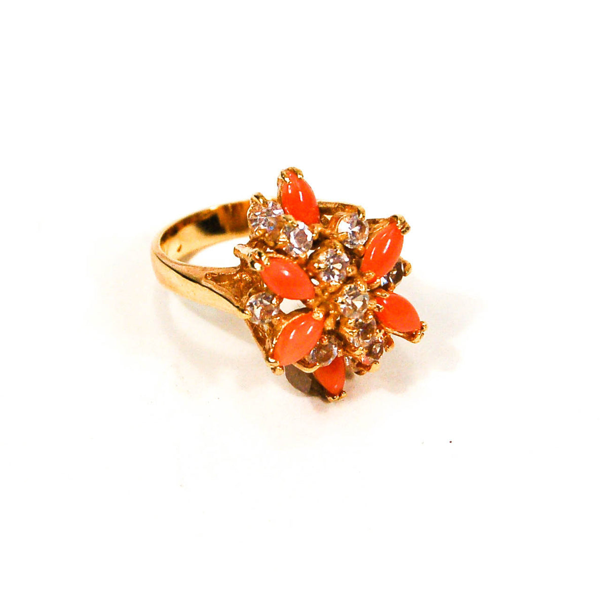 Gold Tone Coral and Rhinestone Cocktail Ring