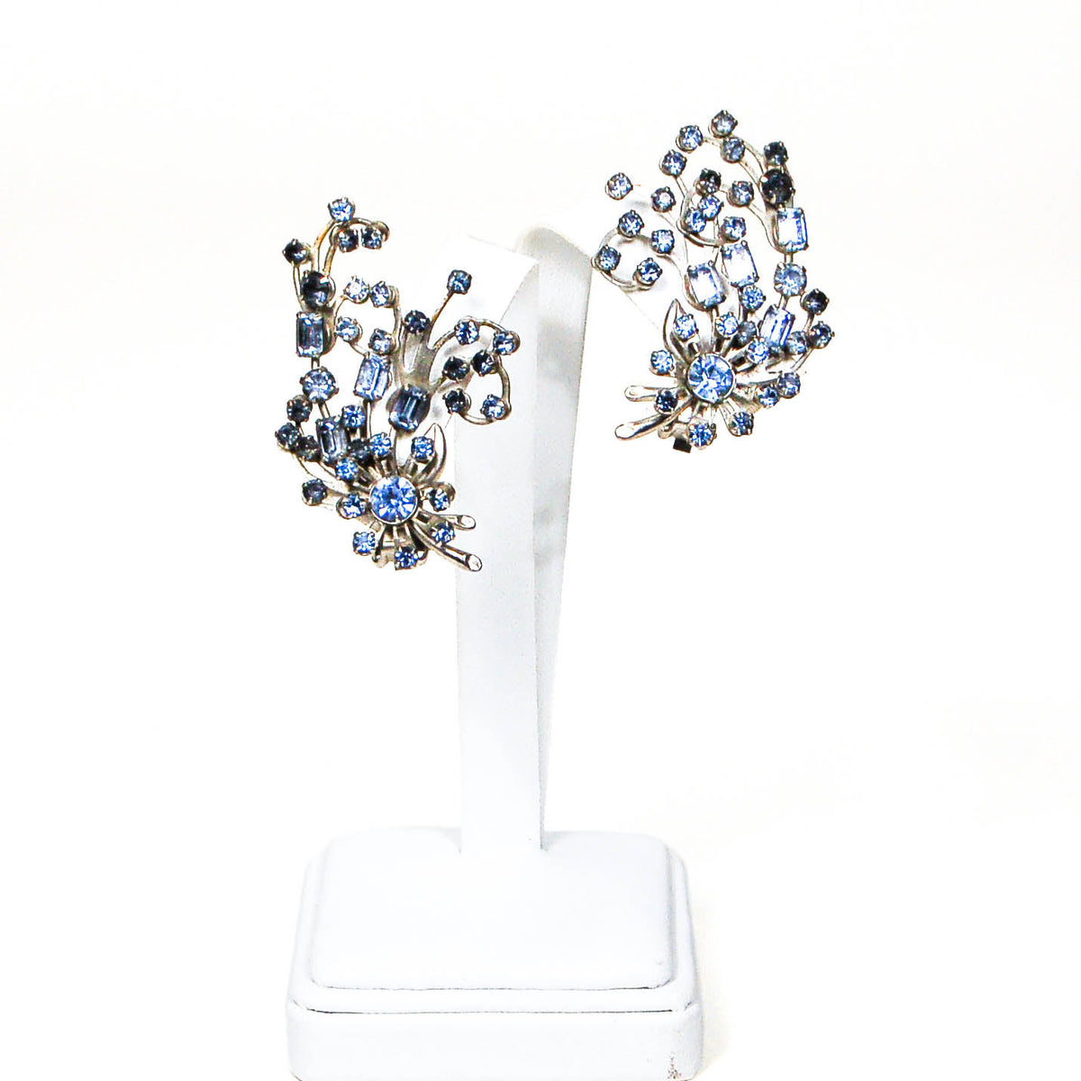 1960's Spray Style Blue Rhinestone Earrings