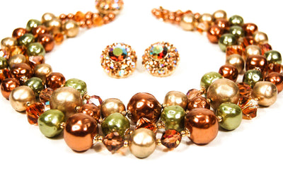Triple Strand Green, Gold, and Bronze Necklace and Earring Set by 1950's - Vintage Meet Modern Vintage Jewelry - Chicago, Illinois - #oldhollywoodglamour #vintagemeetmodern #designervintage #jewelrybox #antiquejewelry #vintagejewelry