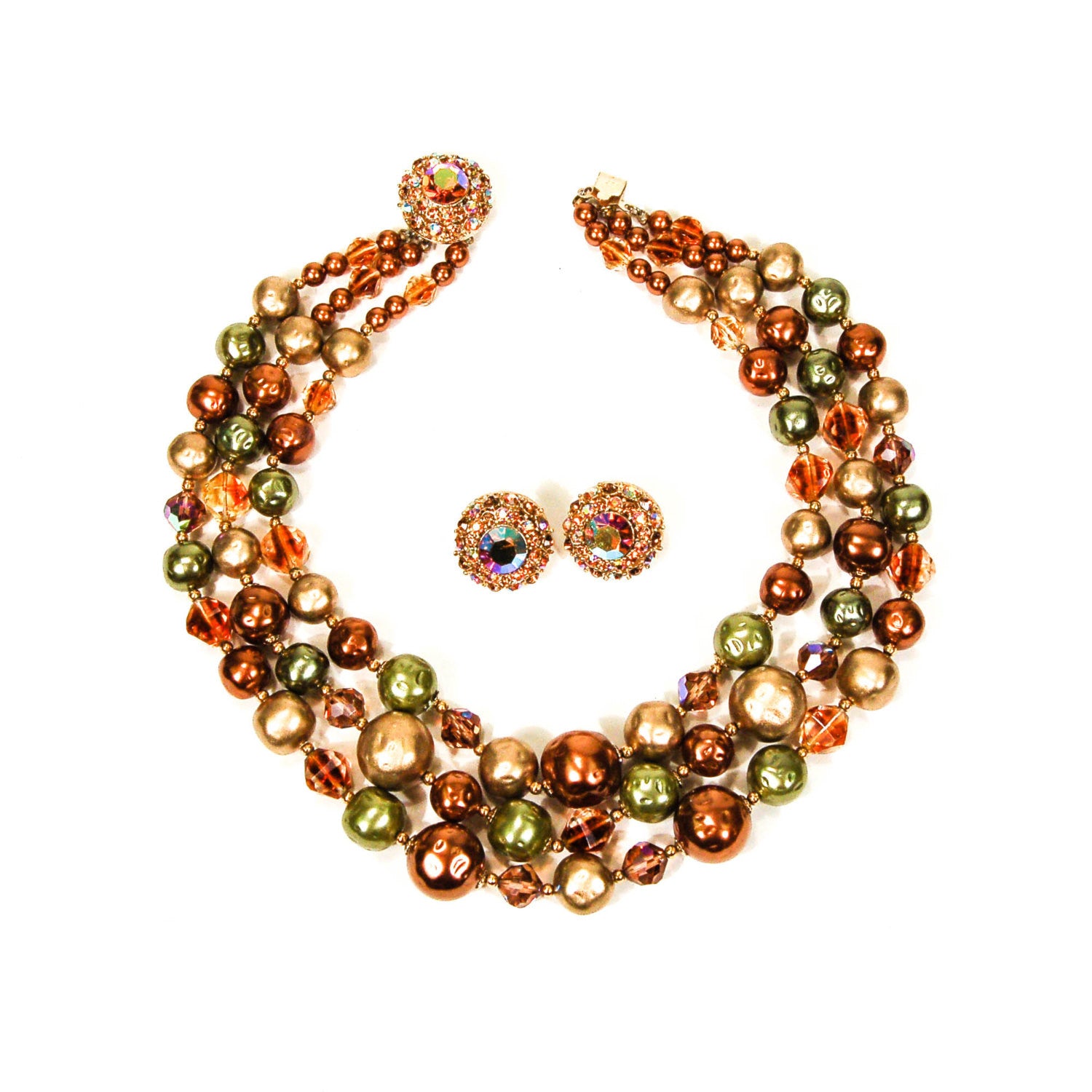 Triple Strand Green, Gold, and Bronze Necklace and Earring Set by 1950's - Vintage Meet Modern Vintage Jewelry - Chicago, Illinois - #oldhollywoodglamour #vintagemeetmodern #designervintage #jewelrybox #antiquejewelry #vintagejewelry