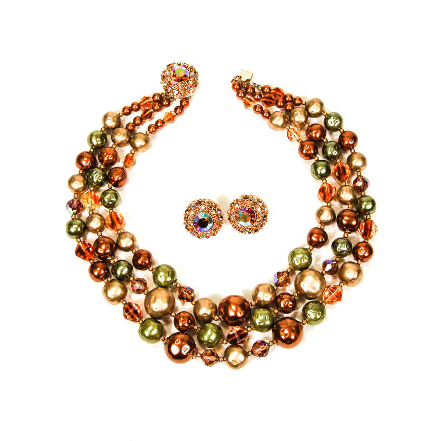 Triple Strand Green, Gold, and Bronze Necklace and Earring Set by 1950's - Vintage Meet Modern Vintage Jewelry - Chicago, Illinois - #oldhollywoodglamour #vintagemeetmodern #designervintage #jewelrybox #antiquejewelry #vintagejewelry